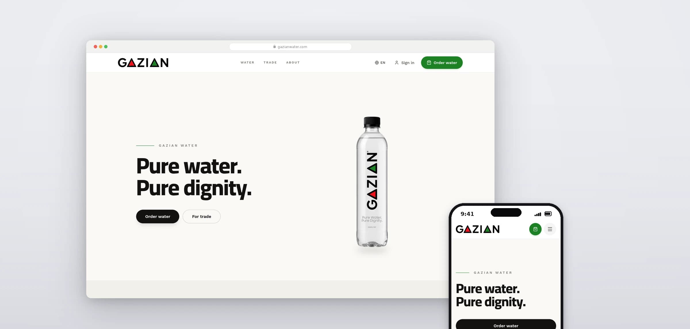 The Gazian Water homepage with the headline Pure water. Pure dignity. and a 500 ml bottle, beside the same page on a phone