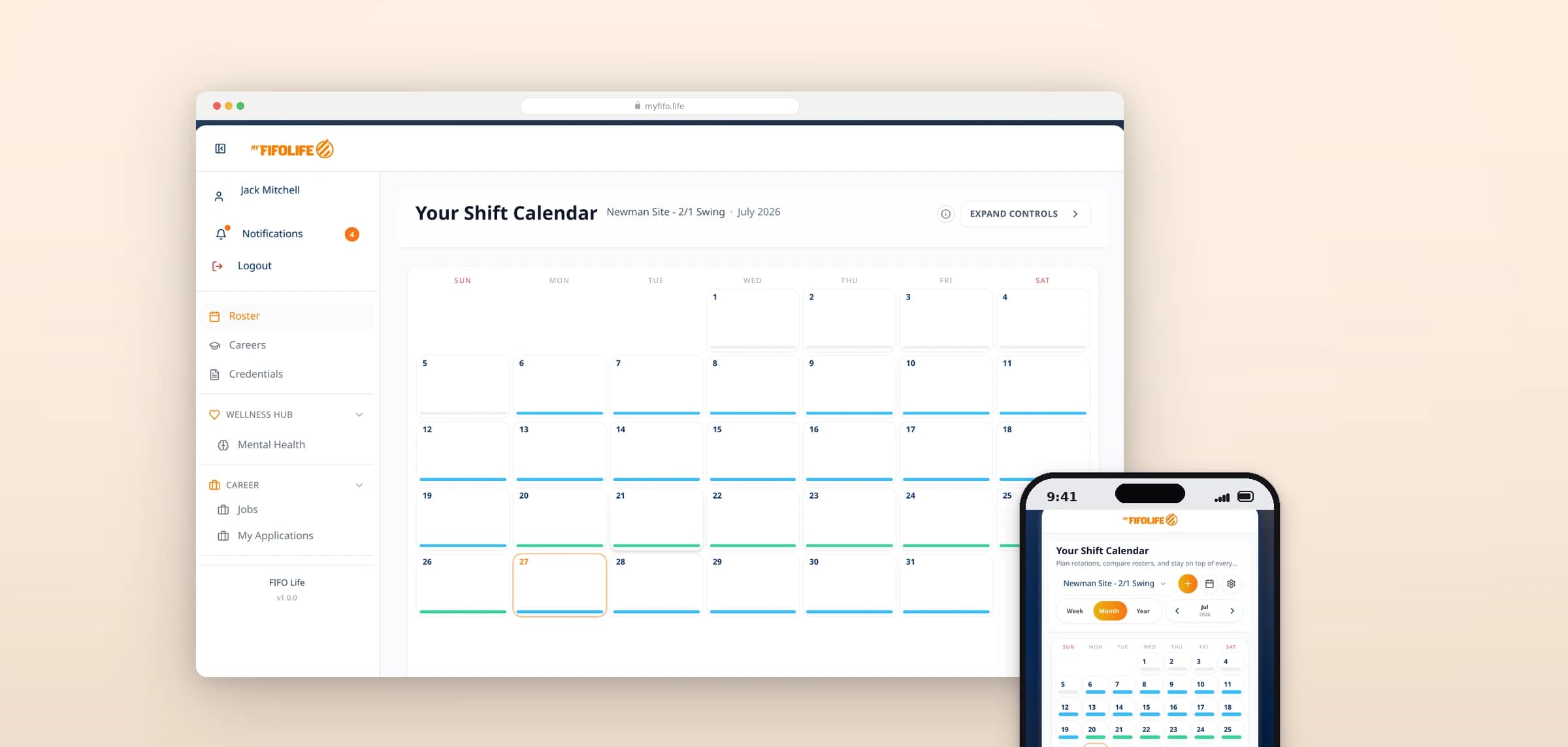 The My FIFO Life shift calendar on a tablet and on a phone, showing a two weeks on, one week off rotation