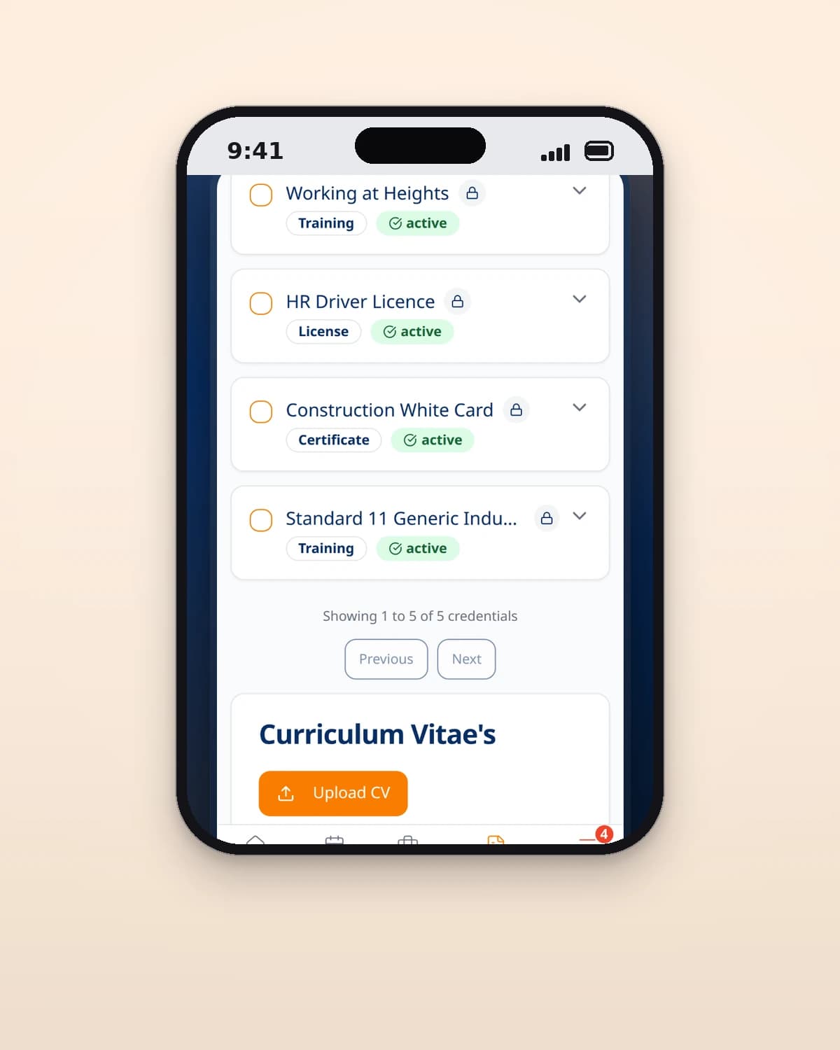 The credentials screen listing a working at heights ticket, a driver licence, a white card and a generic induction, each marked active with a lock icon