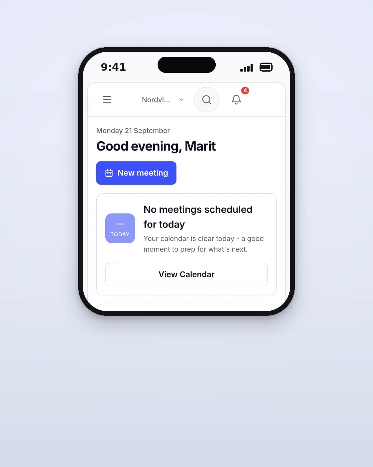 The MeetFlow dashboard on a phone with counts of upcoming meetings, open tasks and decisions awaiting a vote
