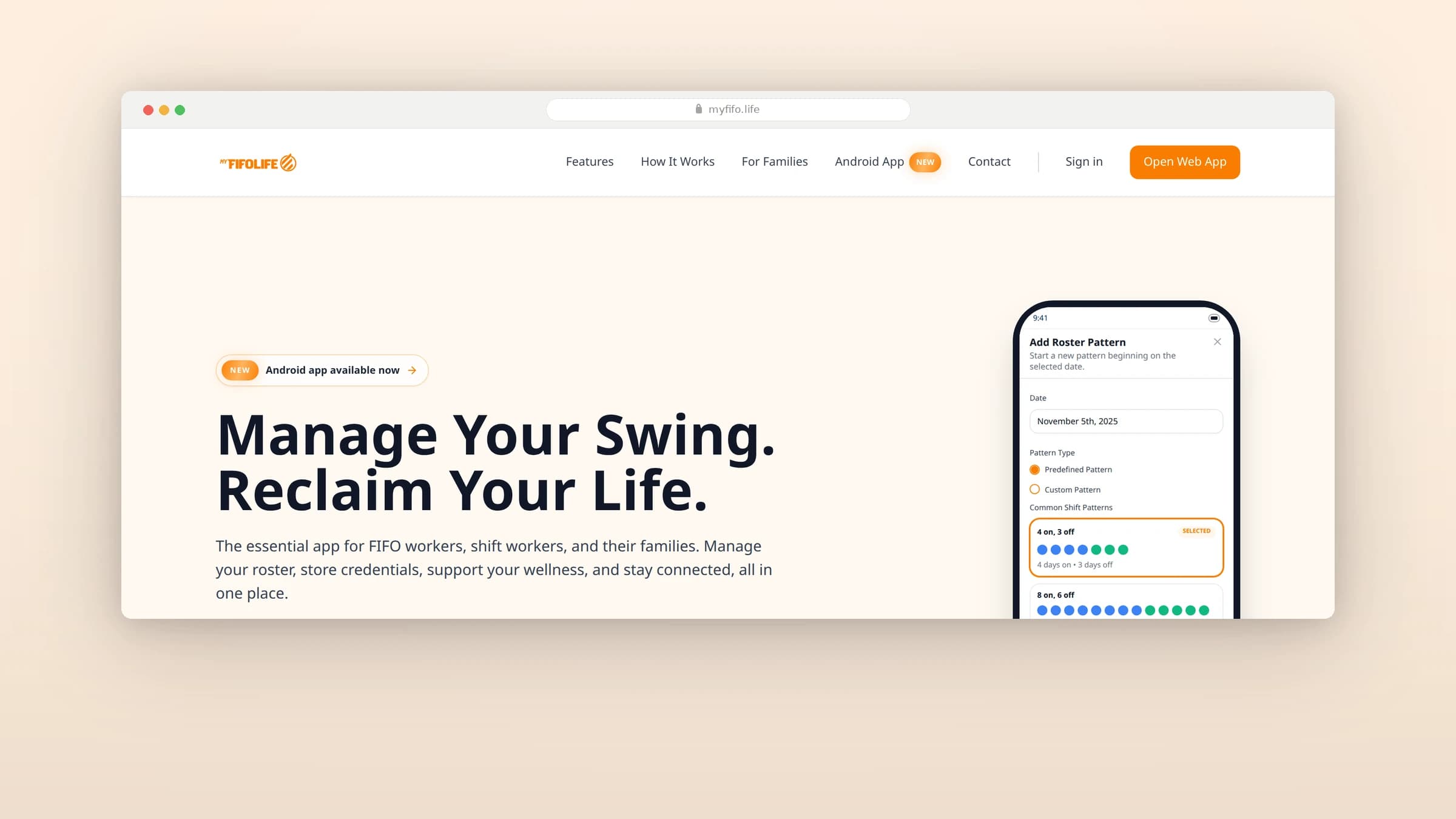 The My FIFO Life homepage with the headline Manage Your Swing. Reclaim Your Life. and a phone showing the roster pattern screen
