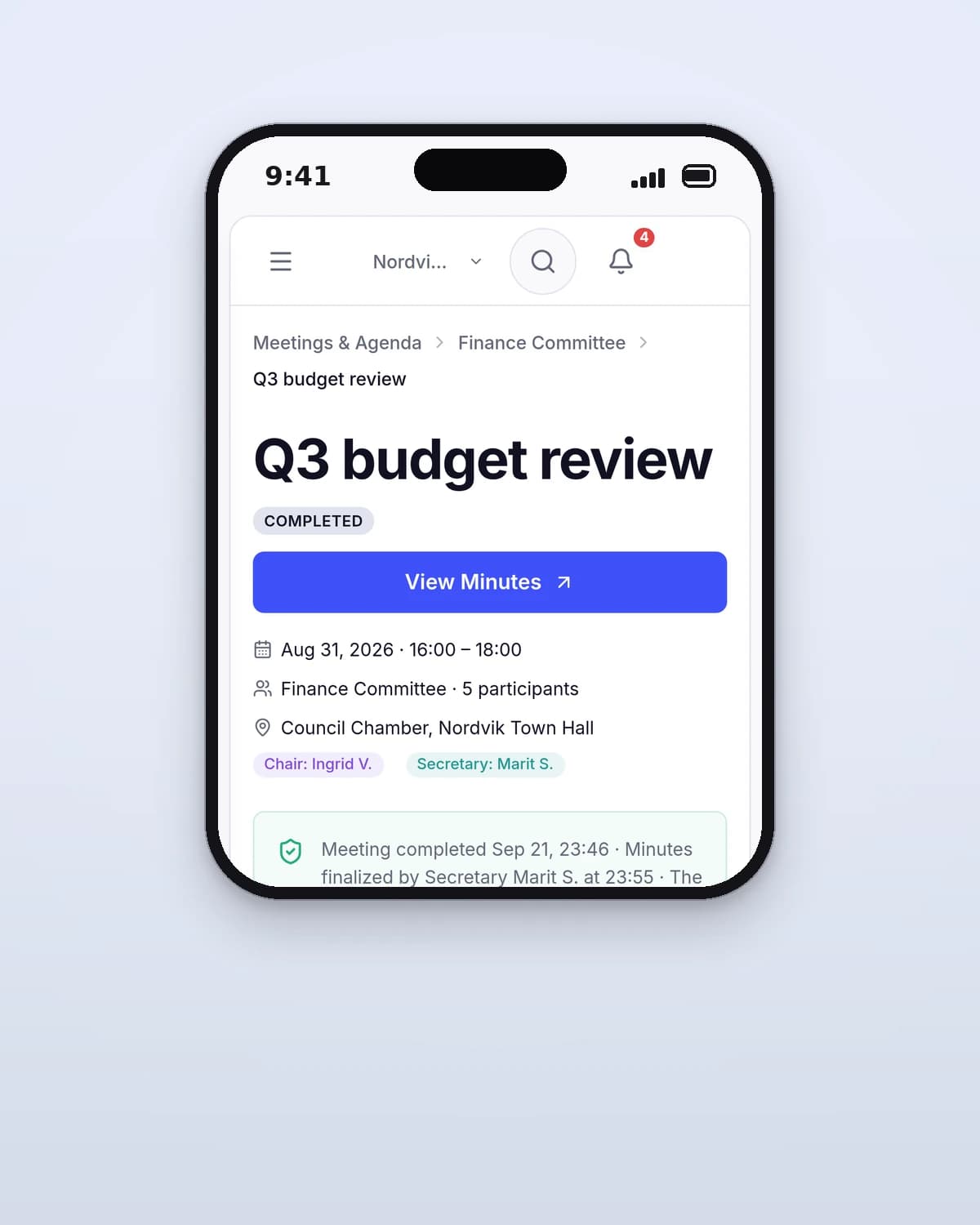 A MeetFlow meeting open on a phone, with the agenda and the participant list