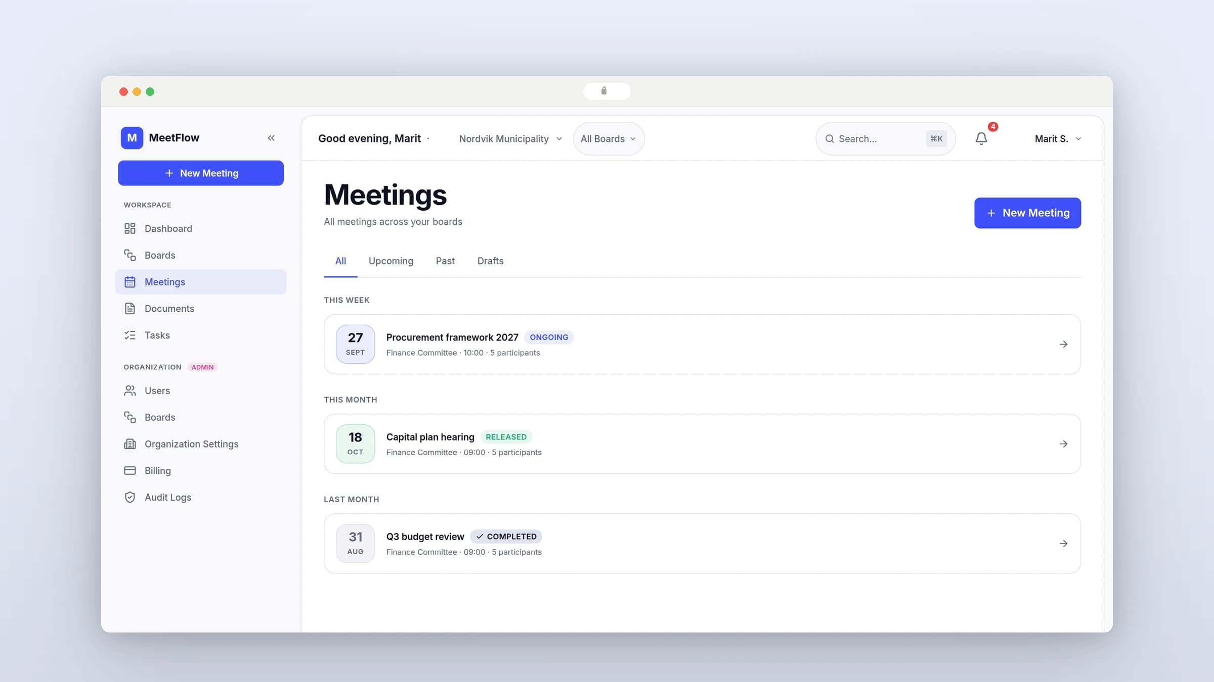 The MeetFlow meetings list grouped into this week, this month and last month, with meetings labelled ongoing, released and completed