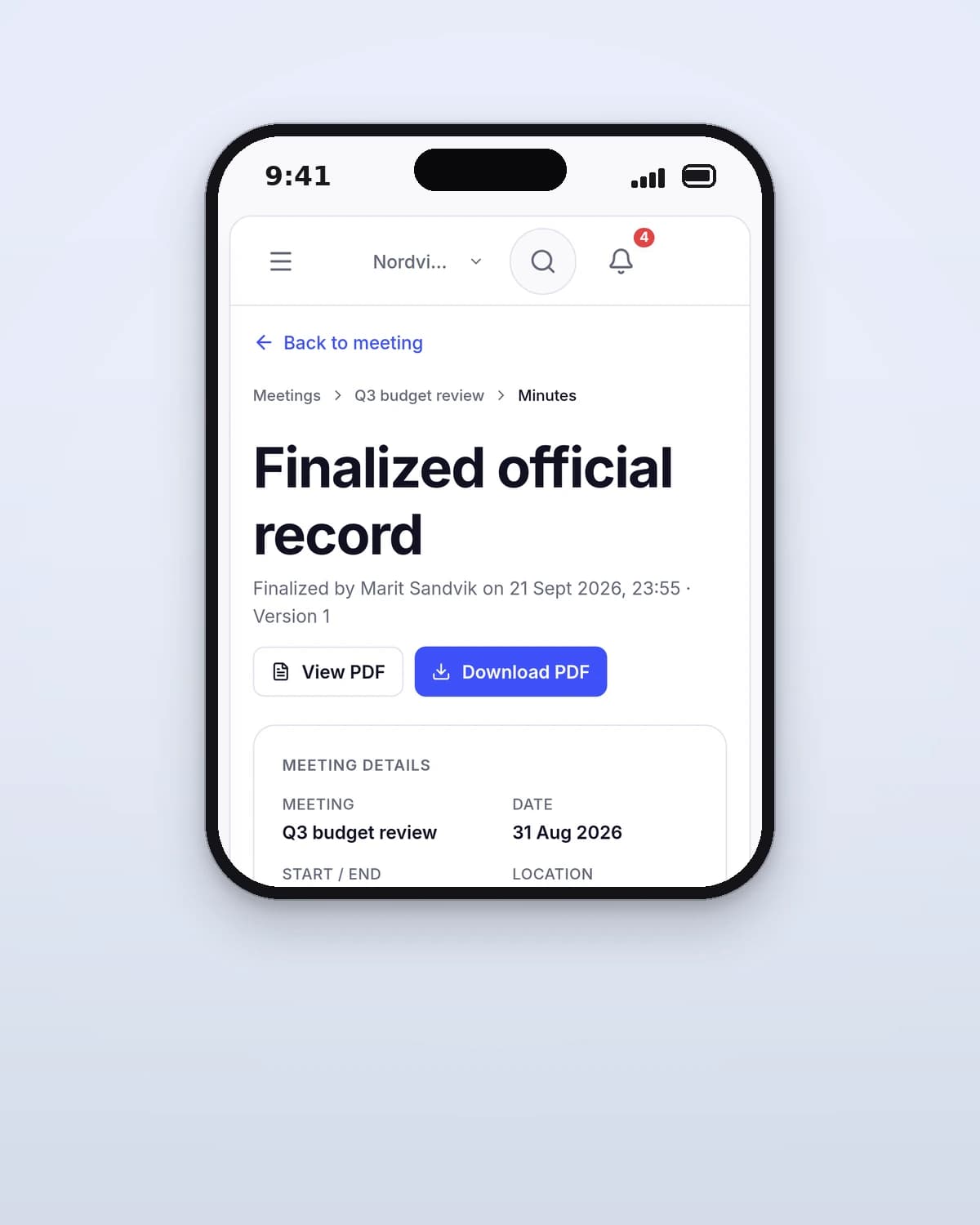 The finalised minutes of a meeting on a phone, showing who finalised them, the version number, the meeting details and the attendance list