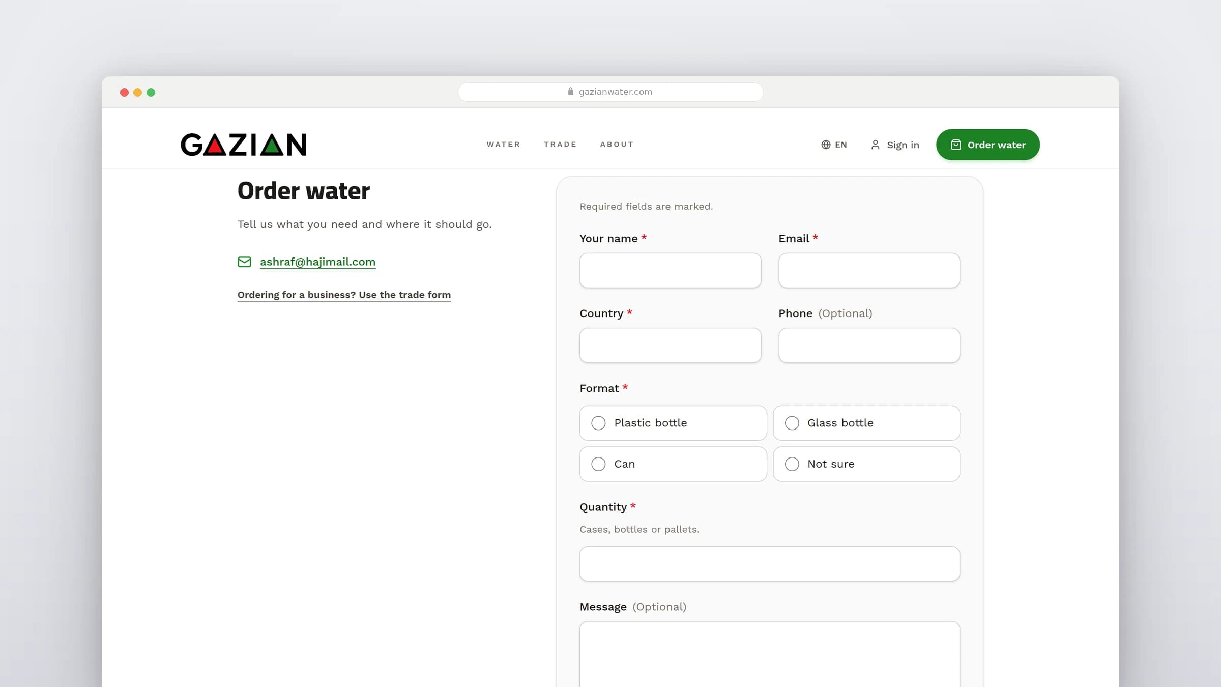 The Gazian Water order enquiry form with fields for name, email, country, phone, format, quantity and a message