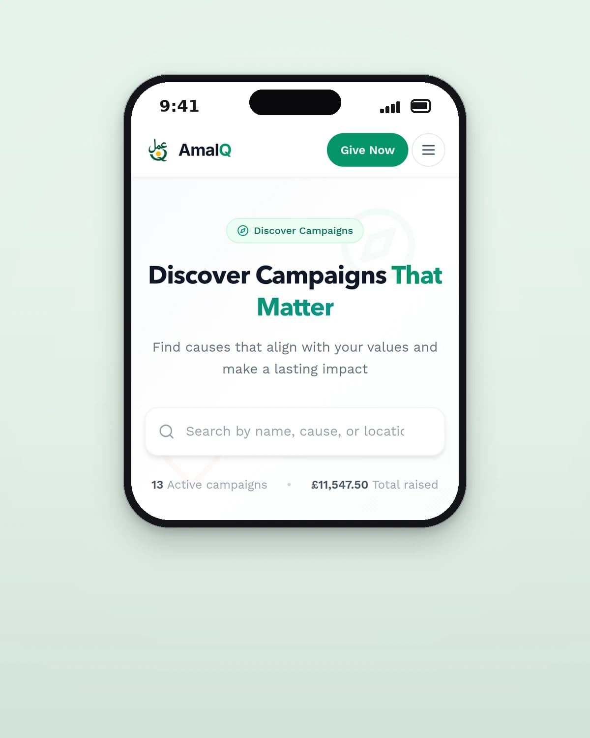The AmalQ campaign list on a phone, with a search field and campaign cards showing category, organiser and progress