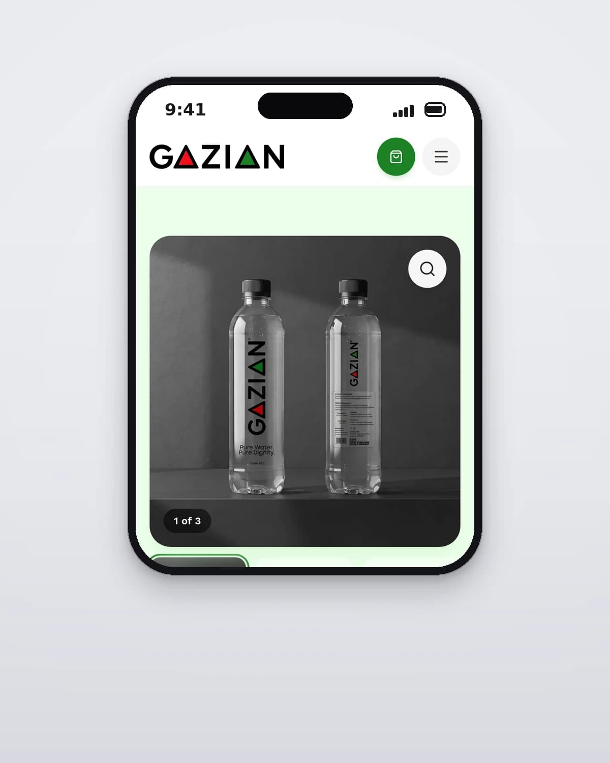 The Gazian Water product page on a phone with the image gallery, thumbnails and a request pricing button