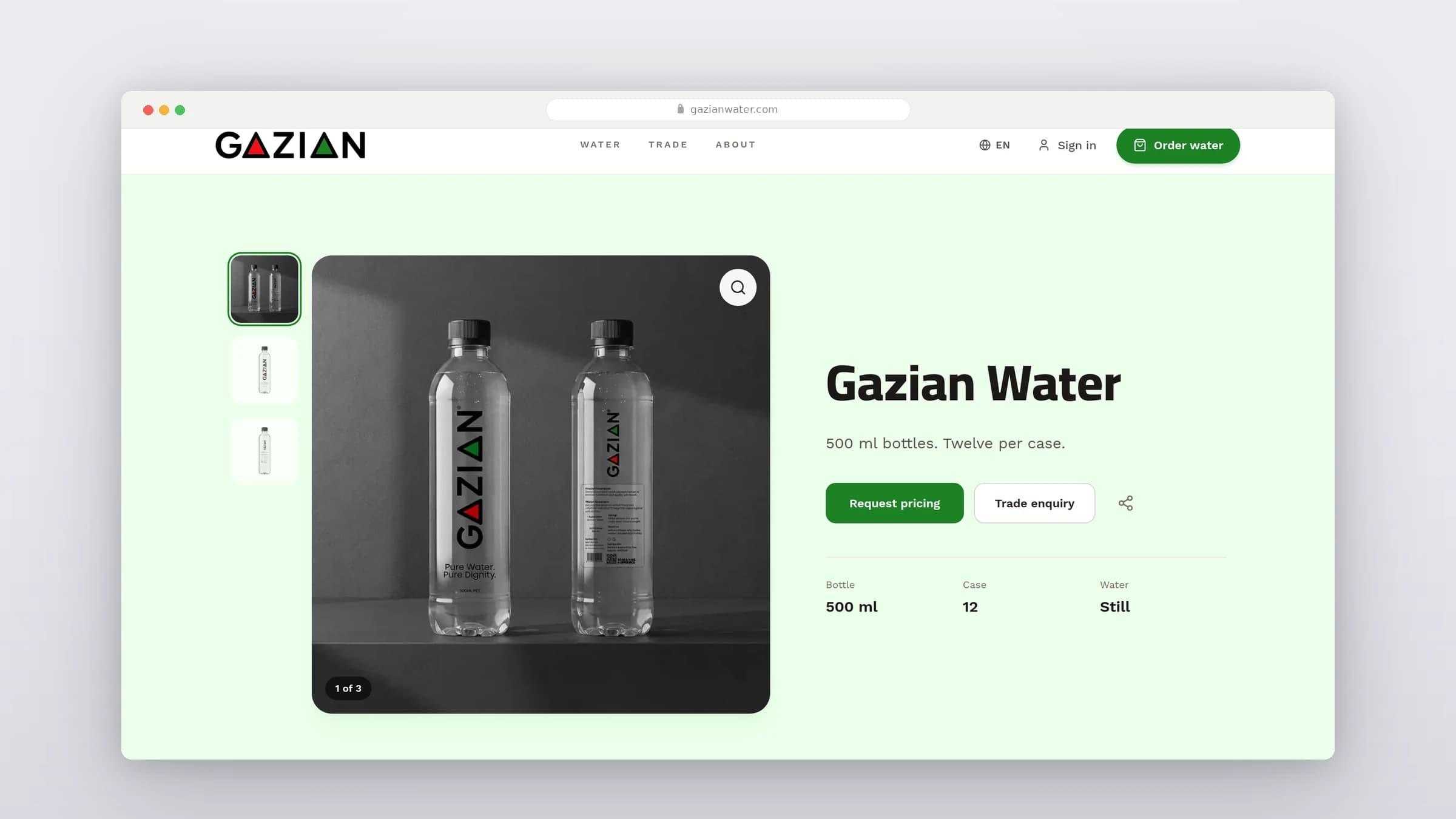 The Gazian Water product page showing a gallery of the 500 ml bottle, the case size and buttons for requesting pricing or a trade enquiry