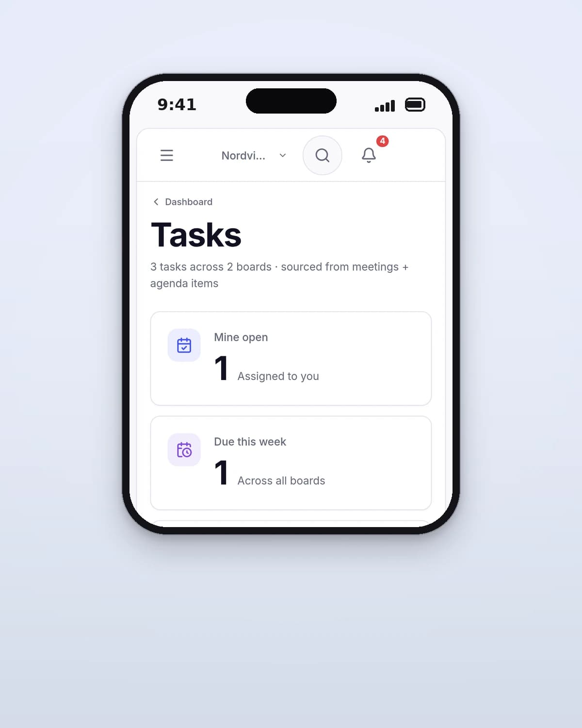 The MeetFlow task list on a phone showing counts for open, due this week, overdue and completed tasks