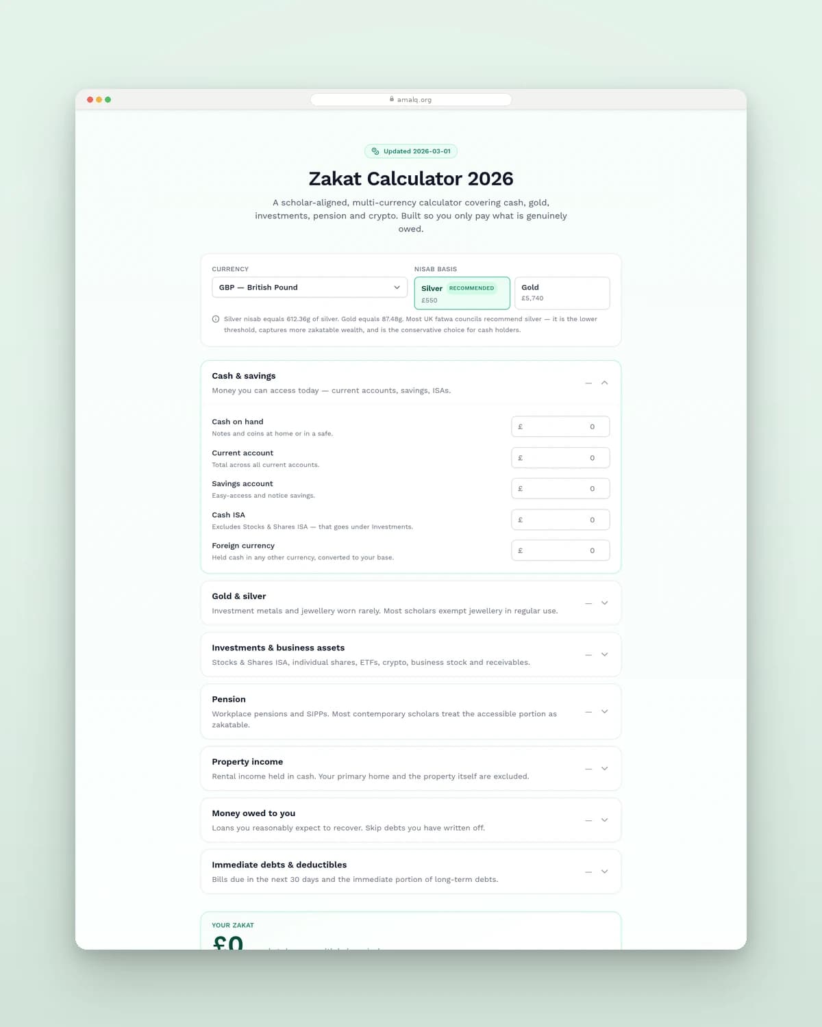 The AmalQ zakat calculator with a currency selector, a choice of silver or gold nisab, and sections for cash, savings, gold, investments, pension and property
