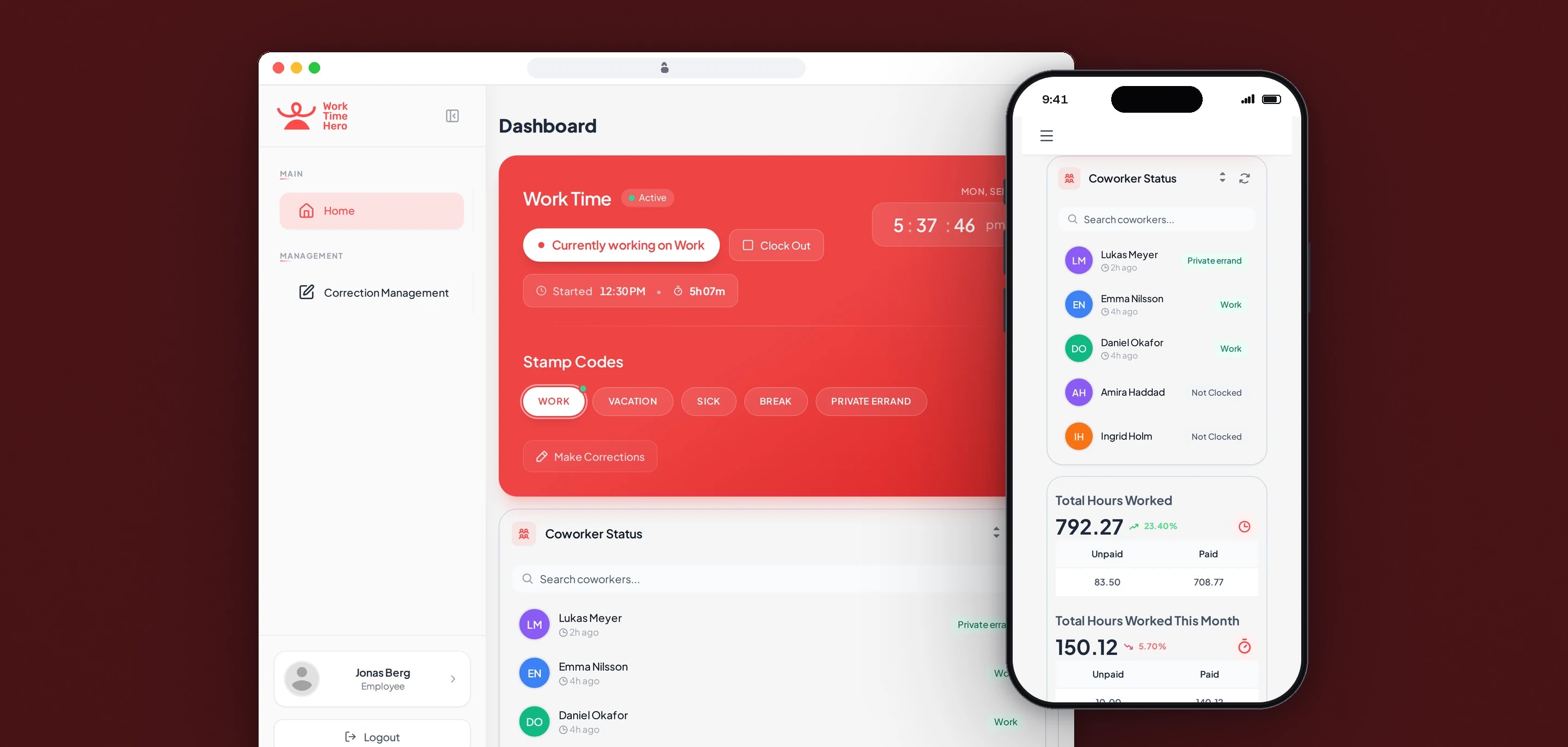 The Work Time Hero employee dashboard with a live clock card on the Work code, the stamp codes and coworker status, beside a phone with coworker status and the hours worked, paid and unpaid