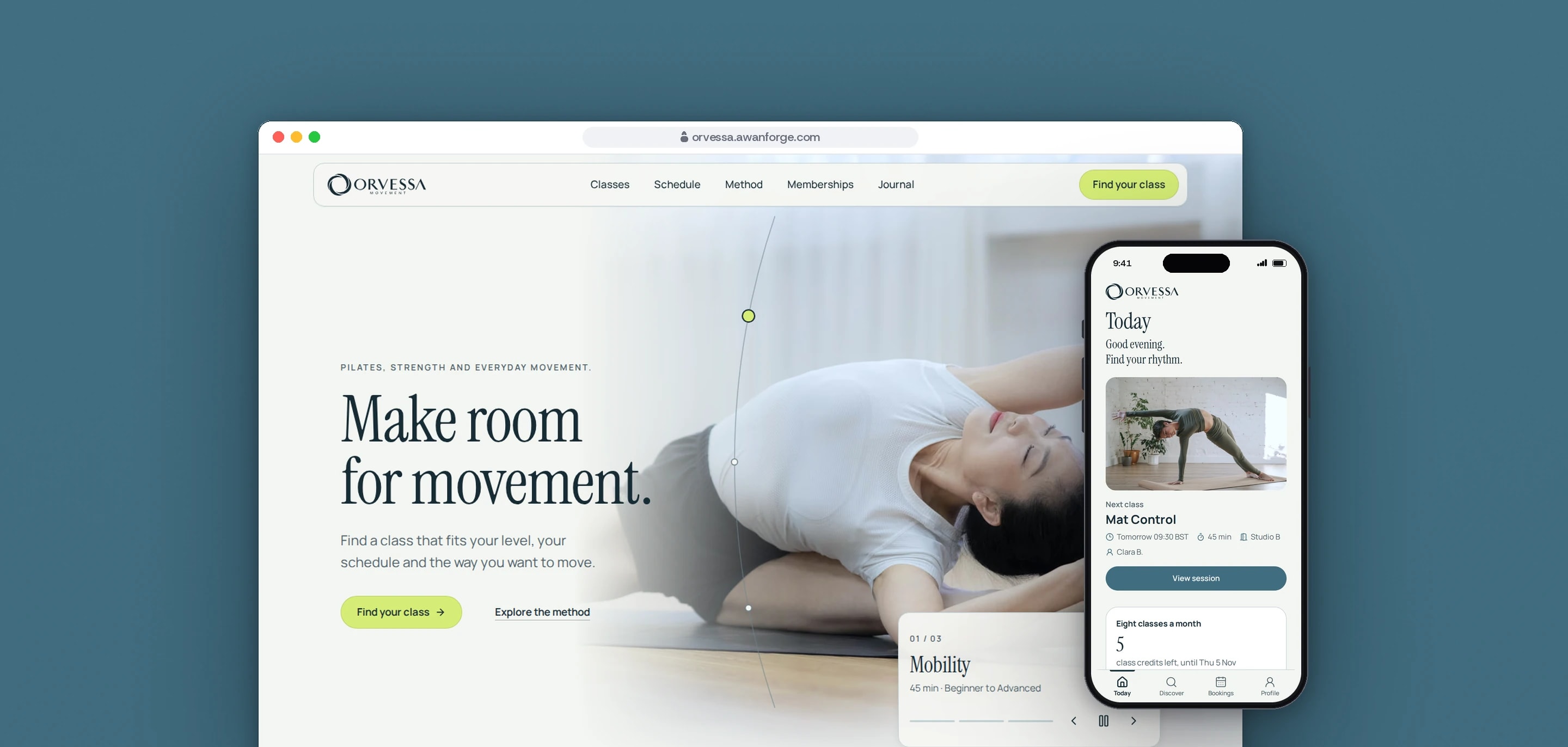 The ORVESSA home page on desktop, headed Make room for movement., beside a photograph of a woman stretching on a mat, with the member app’s Today screen on a phone