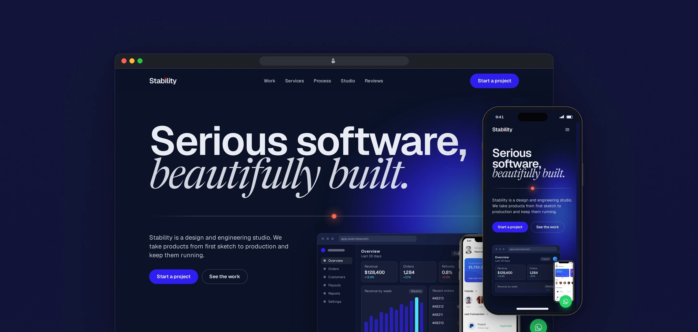 The Stability home page on desktop, headed Serious software, beautifully built., with an illustrative dashboard drawn in CSS, beside the same hero on a phone