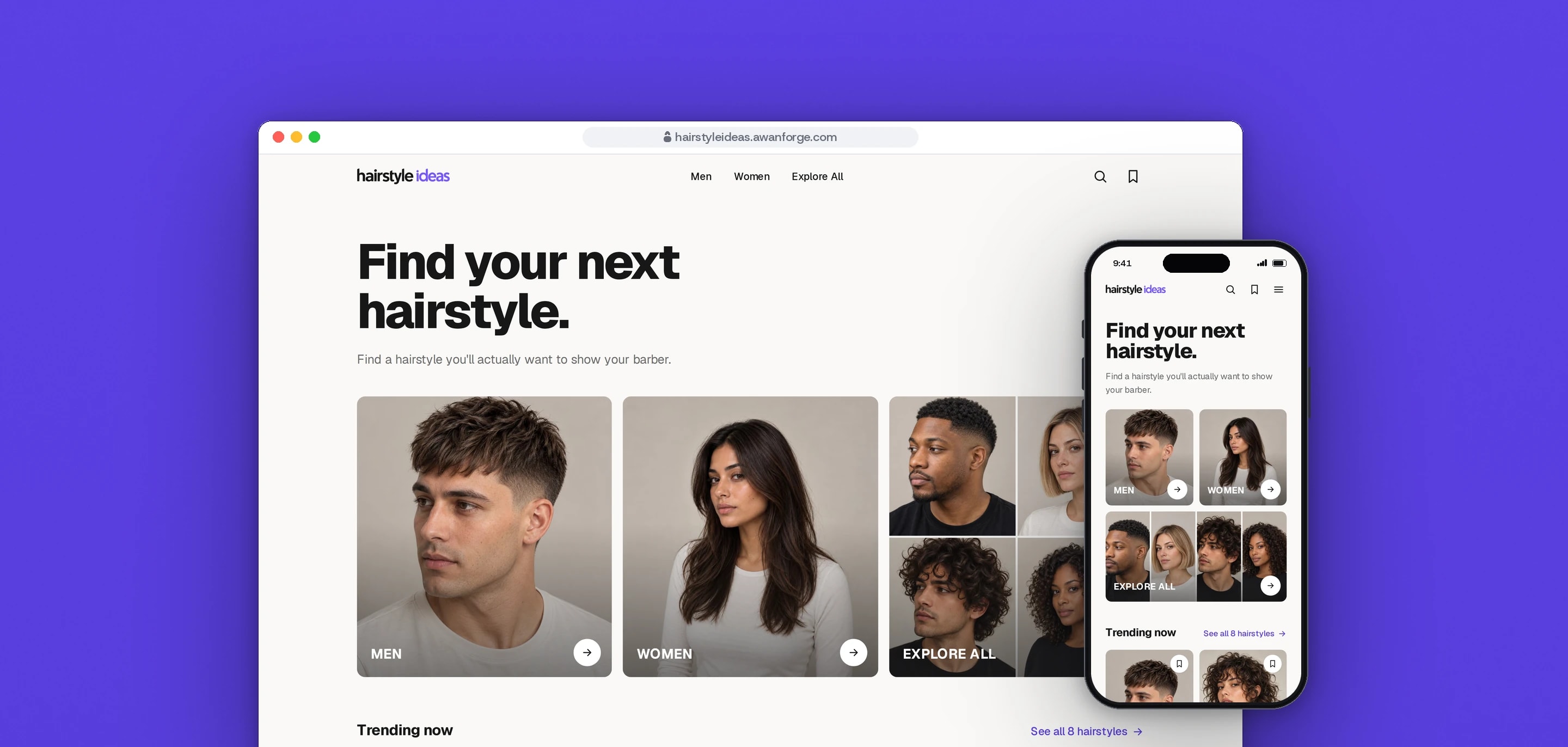 The Hairstyle Ideas home page on desktop, headed Find your next hairstyle., with photo tiles for Men, Women and Explore All, and the same page on a phone