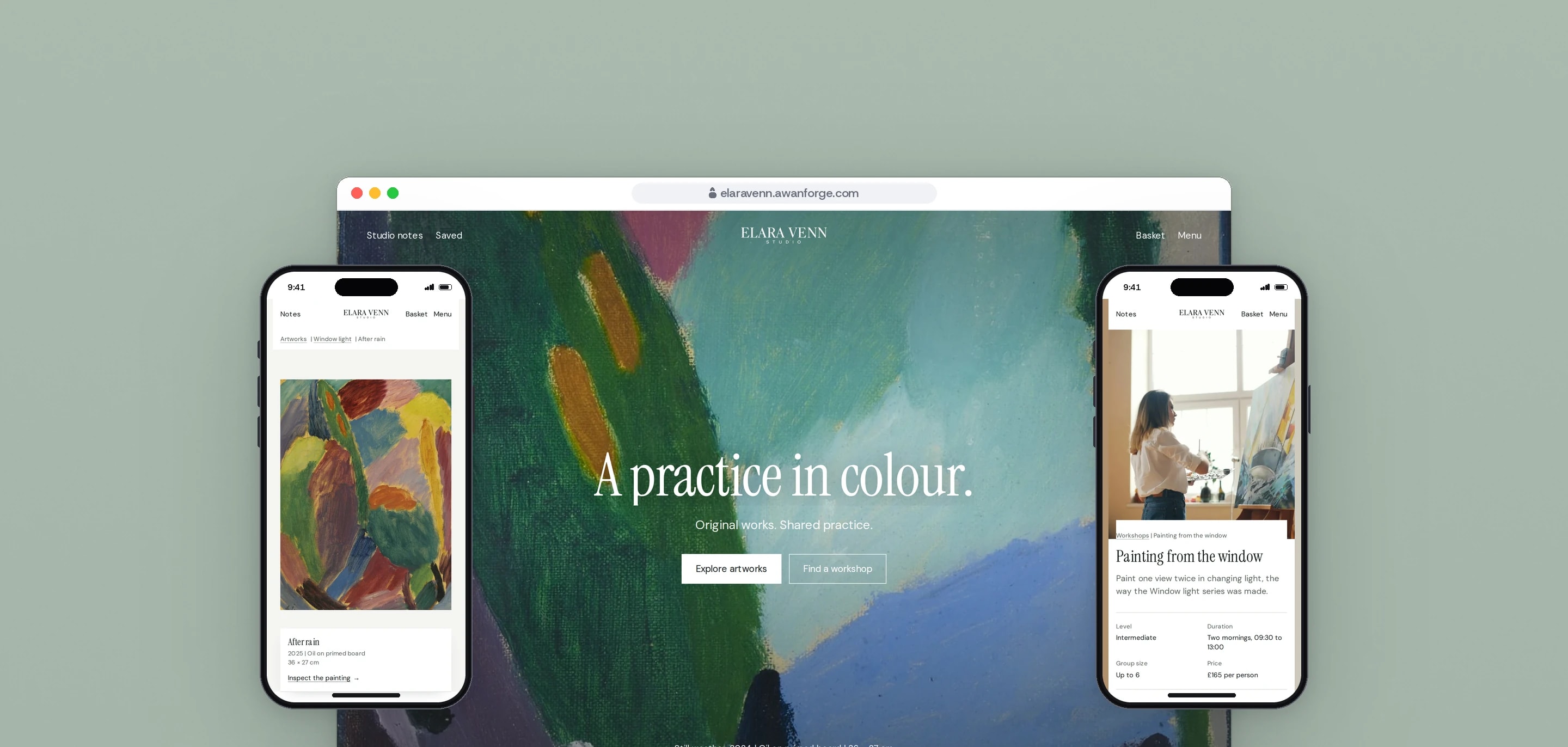 The Elara Venn Studio home page on desktop, a full-width painting headed A practice in colour., between a phone showing the After rain artwork page and a phone showing the Painting from the window workshop