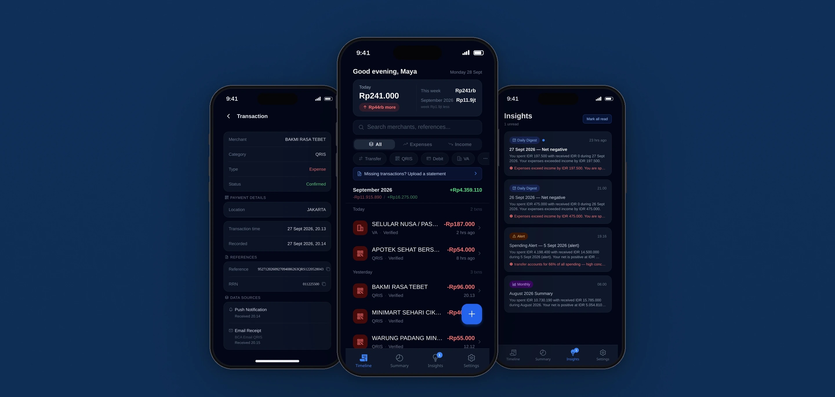 Three CatatHisab screens on phones: a payment's details, the timeline with spending for today, this week and this month and payments grouped by day, and insights with daily digests and a spending alert