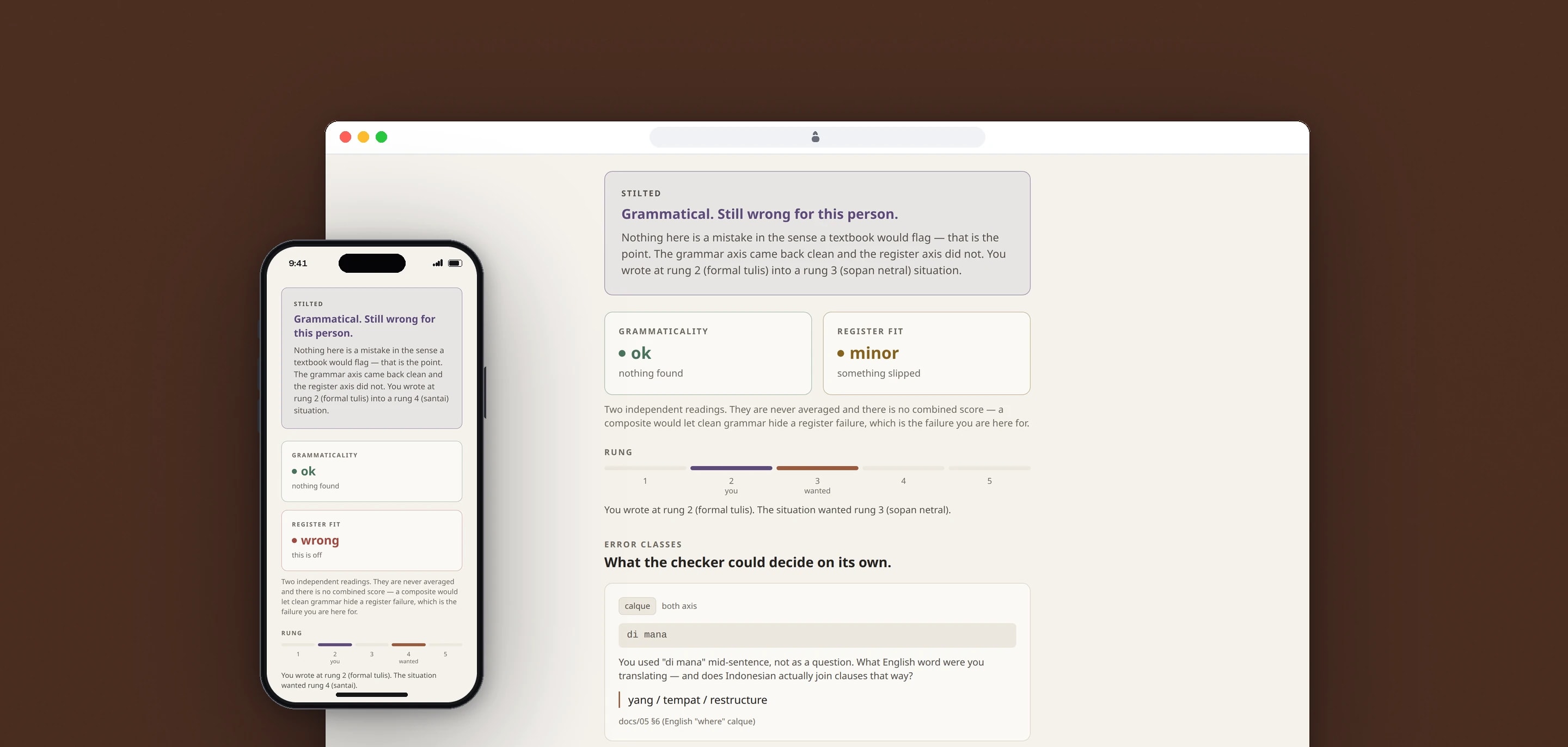 A stilted verdict in Bahasa App on desktop and on a phone: grammar clean, register fit off, and the formality level the learner wrote beside the one the situation wanted