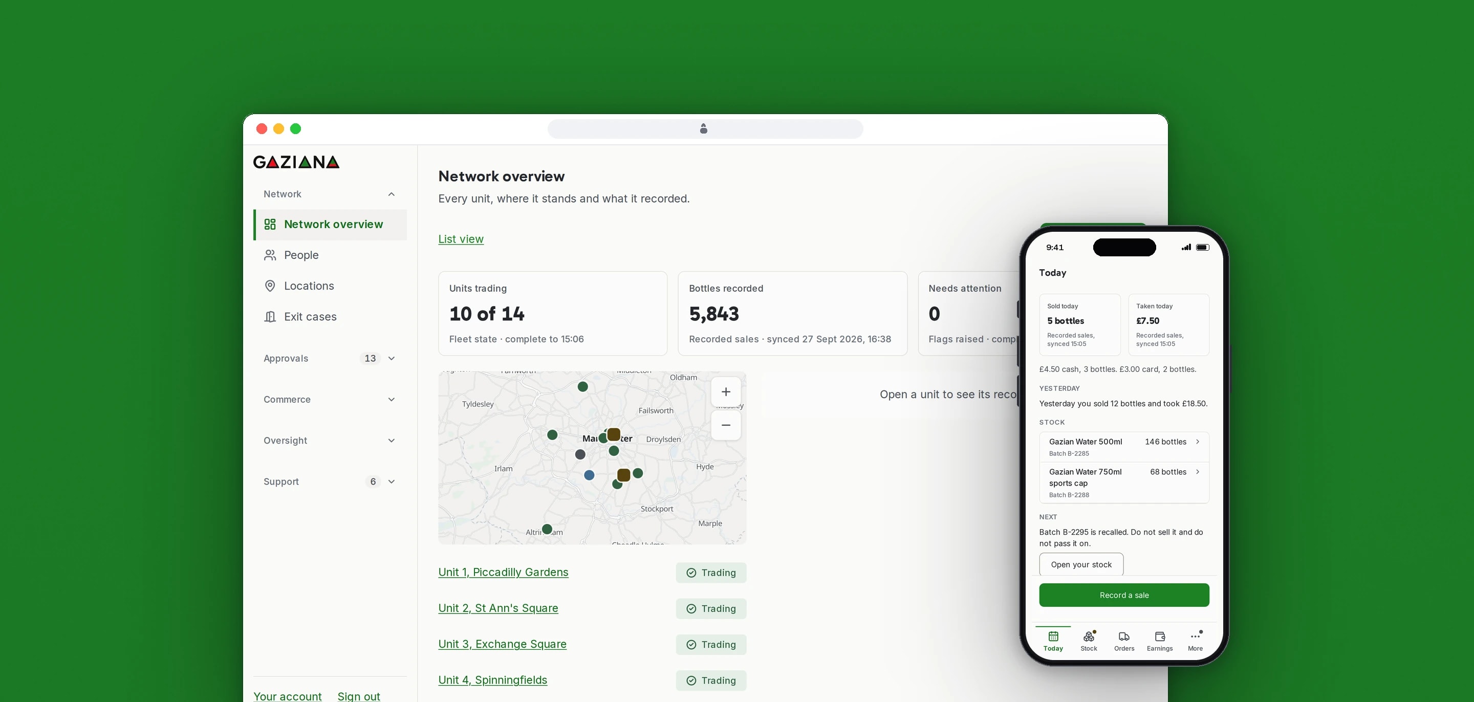 The Gaziana network overview with the units trading, the bottles recorded, a map of the units and each unit's status, beside an operator's Today screen on a phone with the day's sales, stock by batch and a Record a sale button