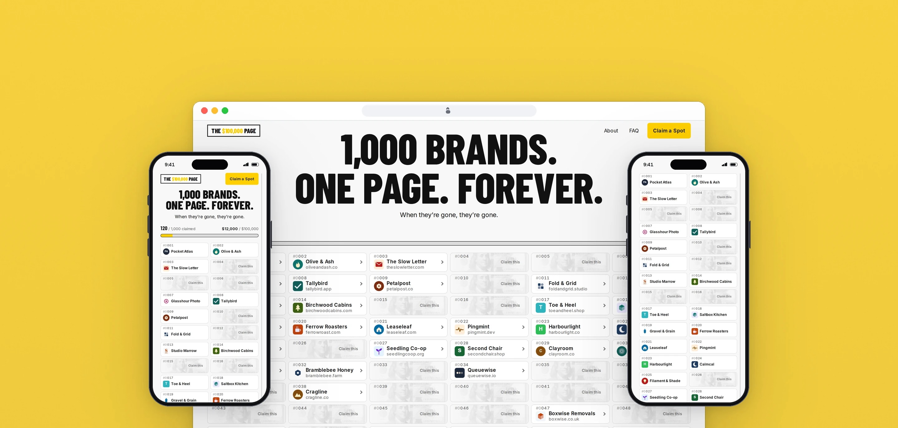 The $100,000 Page on desktop, headed 1,000 brands. One page. Forever., above the wall of brand spots, between a phone with the same heading and a counter of 120 of 1,000 spots claimed and a phone showing the wall
