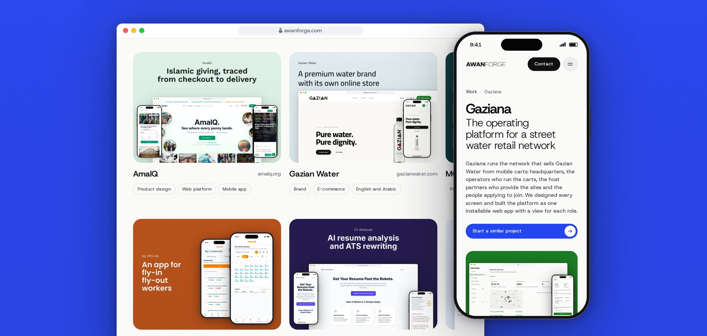 The Awan Forge home page on desktop, with project cards for AmalQ, Gazian Water, My FIFO Life and CV Alchemist, beside the Gaziana case study on a phone