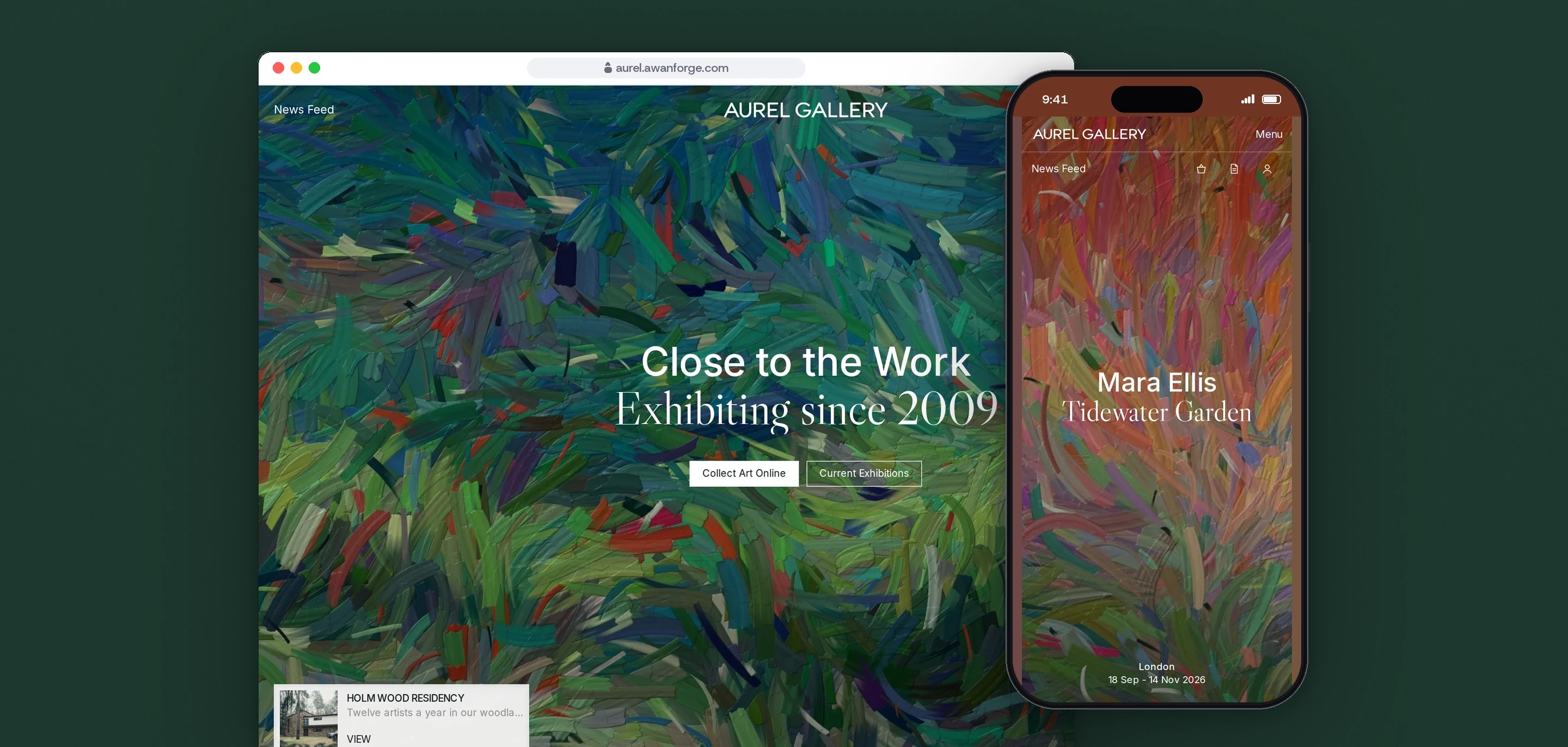 The Aurel Gallery home page on desktop, a full-screen painting headed Close to the Work, Exhibiting since 2009, beside a phone showing the Tidewater Garden exhibition by Mara Ellis