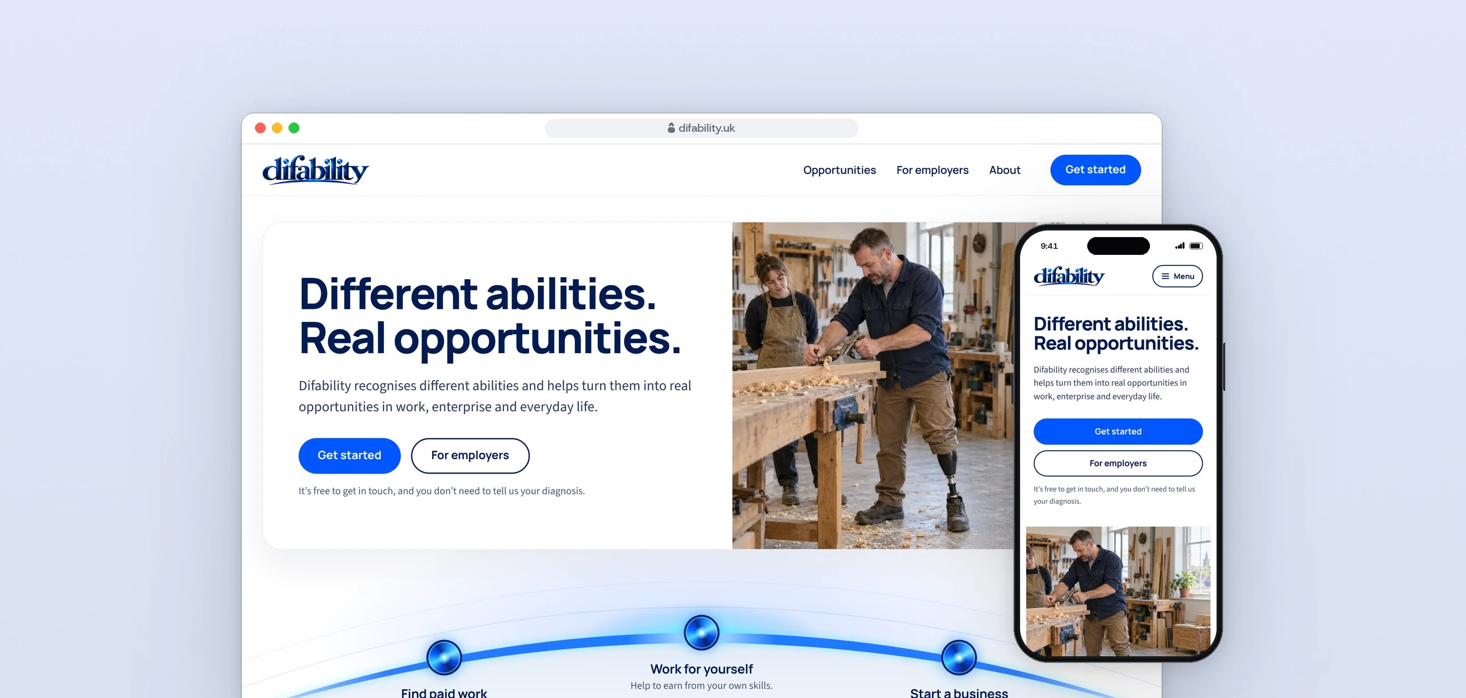 The Difability home page on desktop, headed Different abilities. Real opportunities., with a picture of a woodworking workshop above the three routes into work, beside the same page on a phone