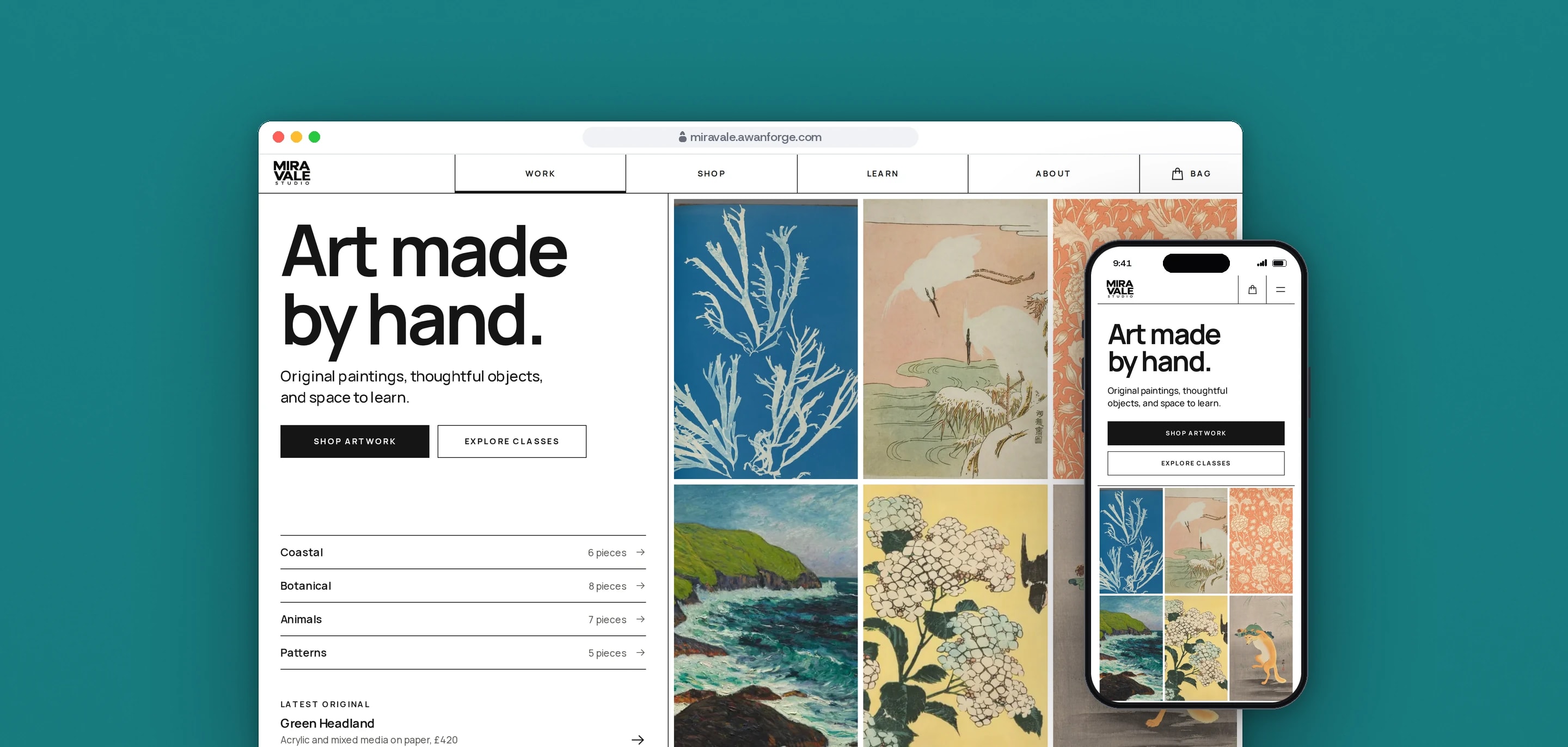 The Mira Vale Studio home page on desktop, headed Art made by hand., beside a mosaic of paintings, with the same page on a phone