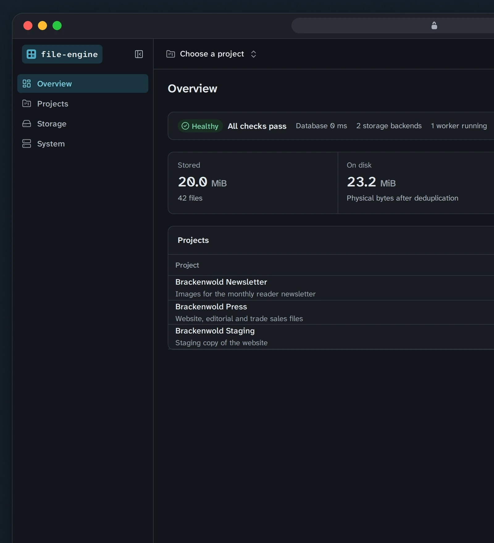 A browser window shows the console overview, with storage totals, a health check and the list of projects.