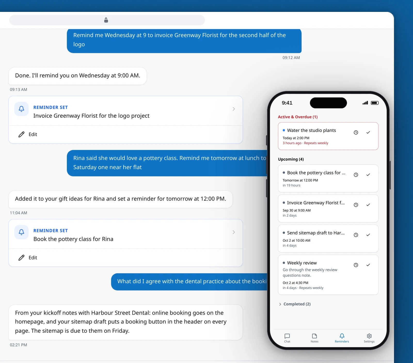 A browser window shows the chat, where messages become reminders and notes, beside a phone showing the reminders list.