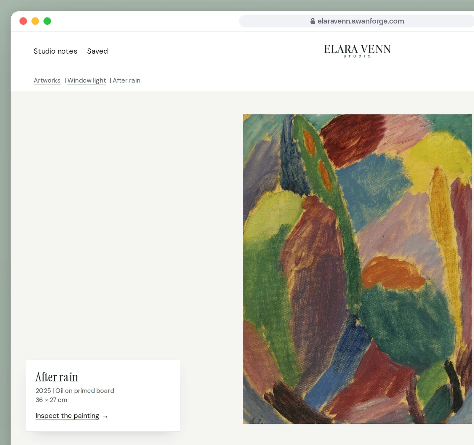 A browser window shows After rain hanging on a plain wall, with its title, year, medium and size on a card and an Inspect the painting link.