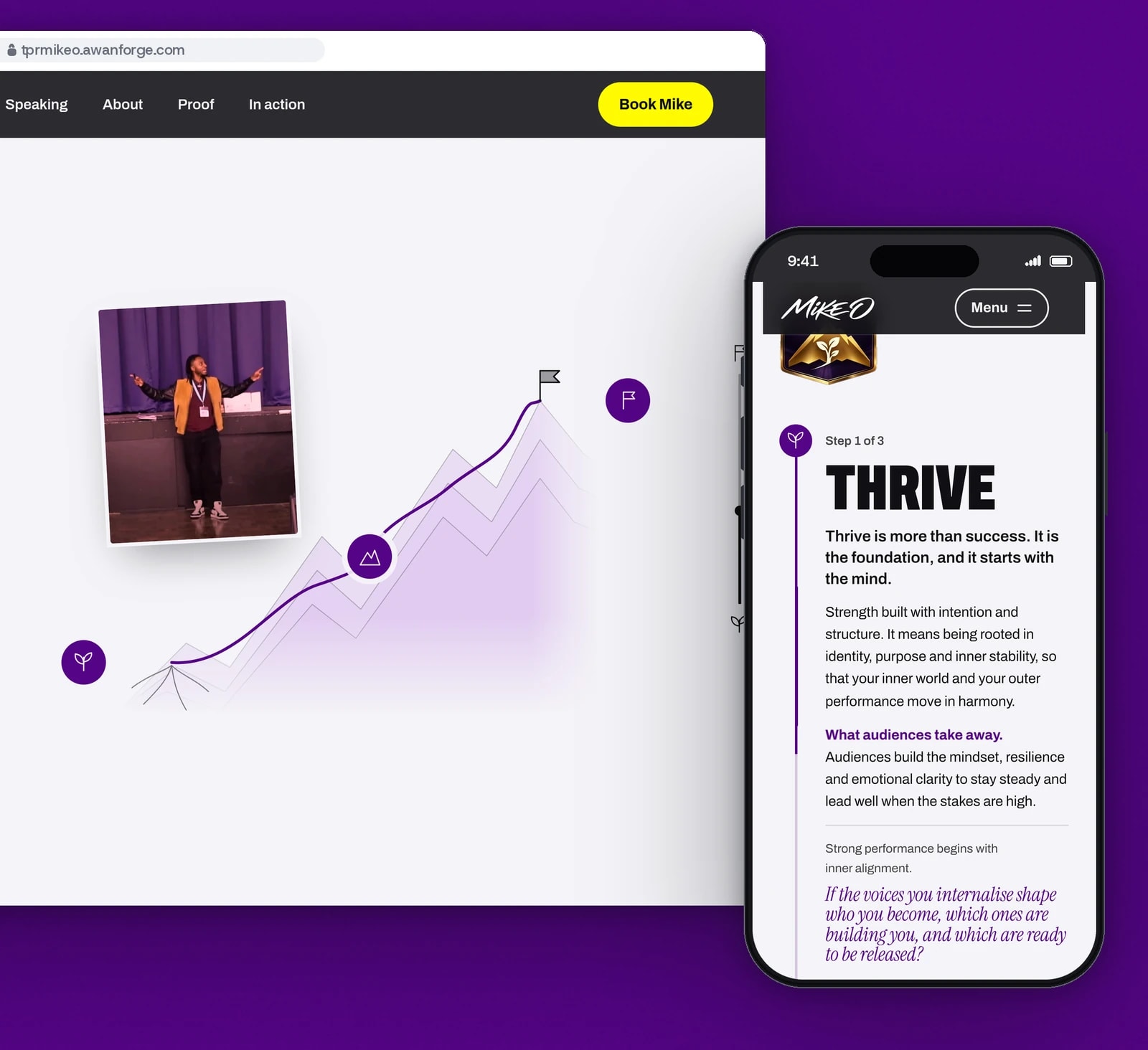 A browser window shows chapter 3 of 3, Respond, with its text beside a route drawn up a mountain to the summit flag and a photograph of Mike with his arms wide, beside a phone showing the TPR emblem and chapter 1, Thrive, on its drawing line.