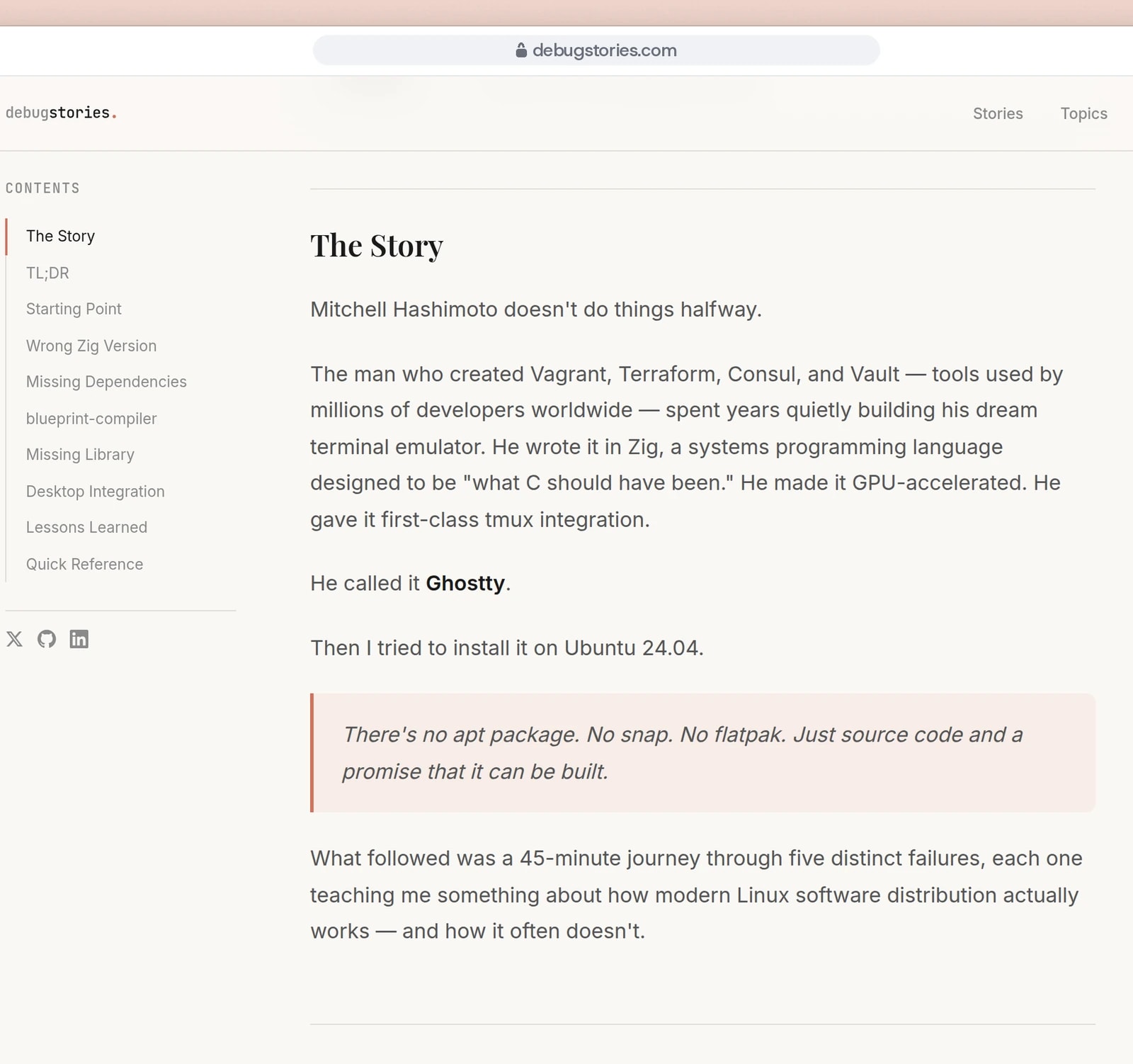 A browser window on debugstories.com shows an article with its contents sidebar, a serif title and a pull quote.