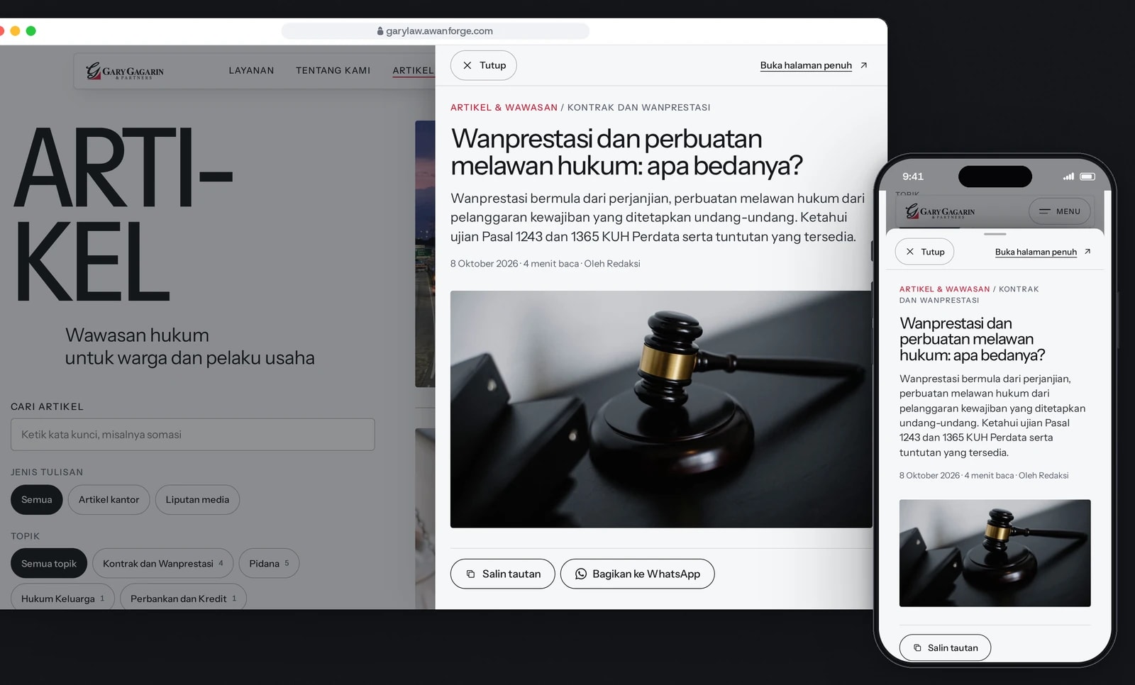 A browser window shows the article Wanprestasi dan perbuatan melawan hukum: apa bedanya? in a panel over the dimmed article list, with buttons to copy the link and share it on WhatsApp, beside a phone showing the same article as a sheet over the list.