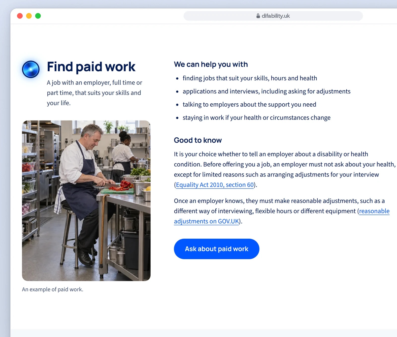 A browser window on difability.uk shows the Find paid work page, with the support on offer, a photograph and a button to ask about paid work.