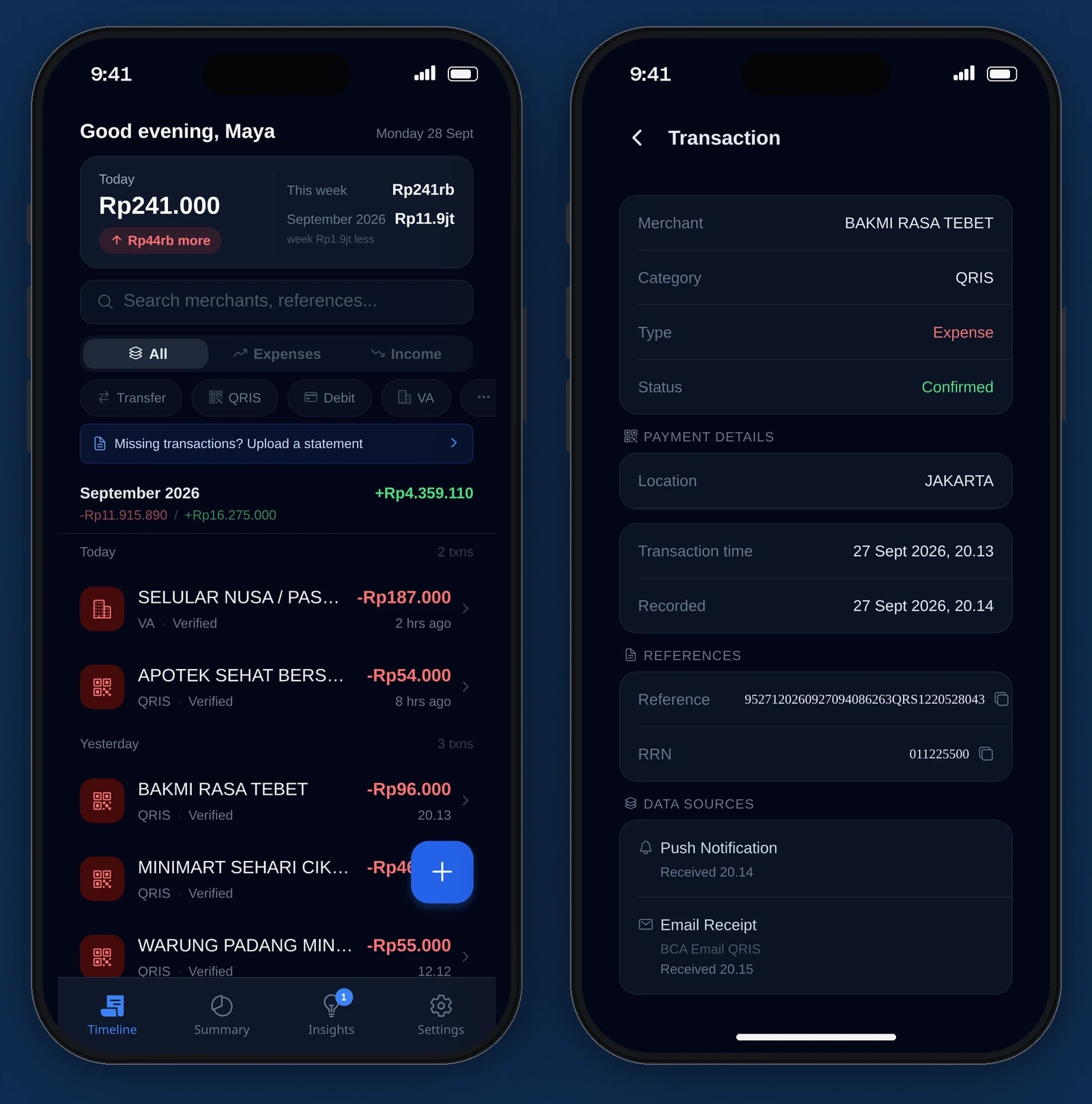 Two phones show the spending timeline with today, week and month totals, and one QRIS payment merged from a push notification and an email receipt.