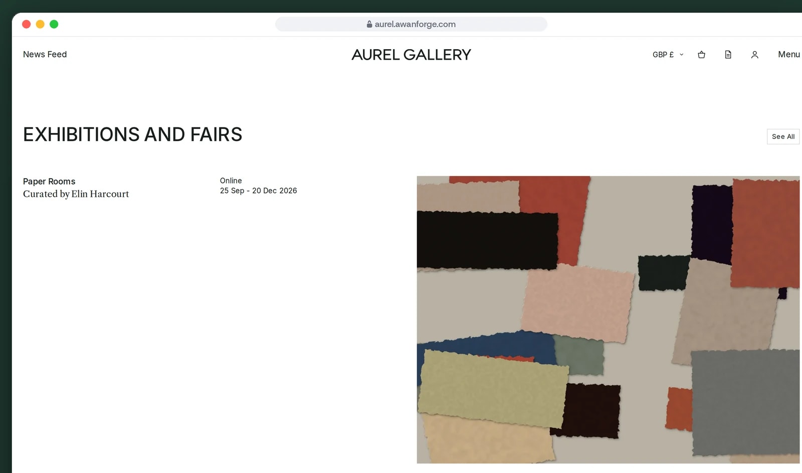 A browser window shows Exhibitions and fairs, with Paper Rooms online and Tidewater Garden in London listed beside their images.