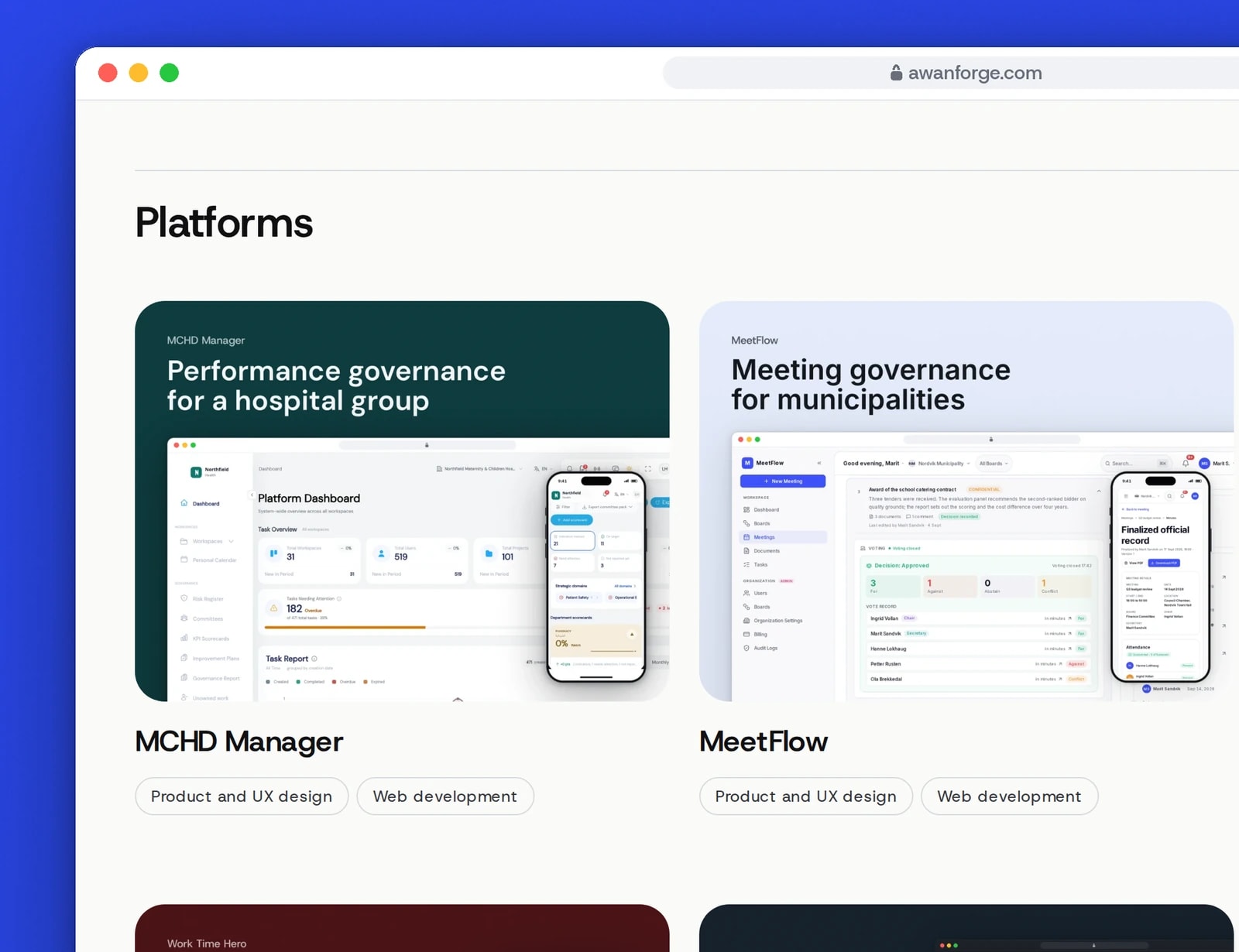 A browser window shows the Platforms group on the work page, with cards for MCHD Manager, MeetFlow and Gaziana above Work Time Hero and File Engine.