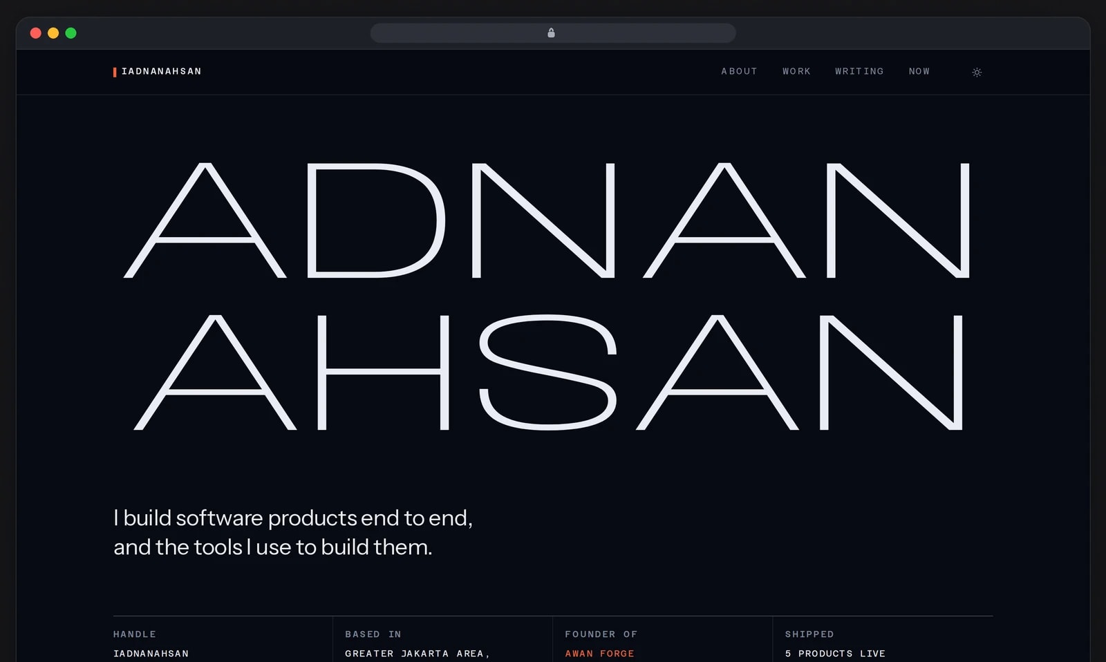 A browser window shows the dark homepage with the name set large and a one-line introduction.