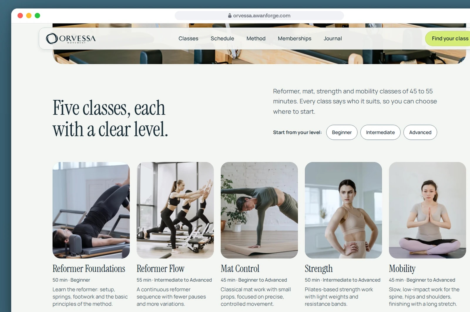 A browser window shows the home page section headed Five classes, each with a clear level, with photographs of Reformer Foundations, Reformer Flow, Mat Control, Strength and Mobility, each with its length and level, and shortcuts for Beginner, Intermediate and Advanced.