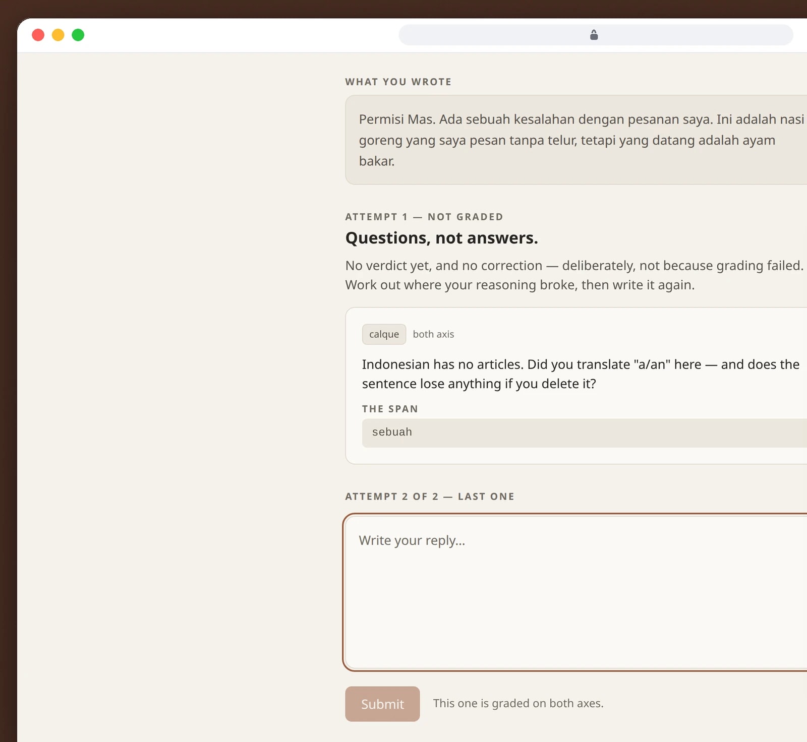 A browser window shows the learner's message, the questions about the problem spans and the box for a second attempt, with the same screen on a phone.
