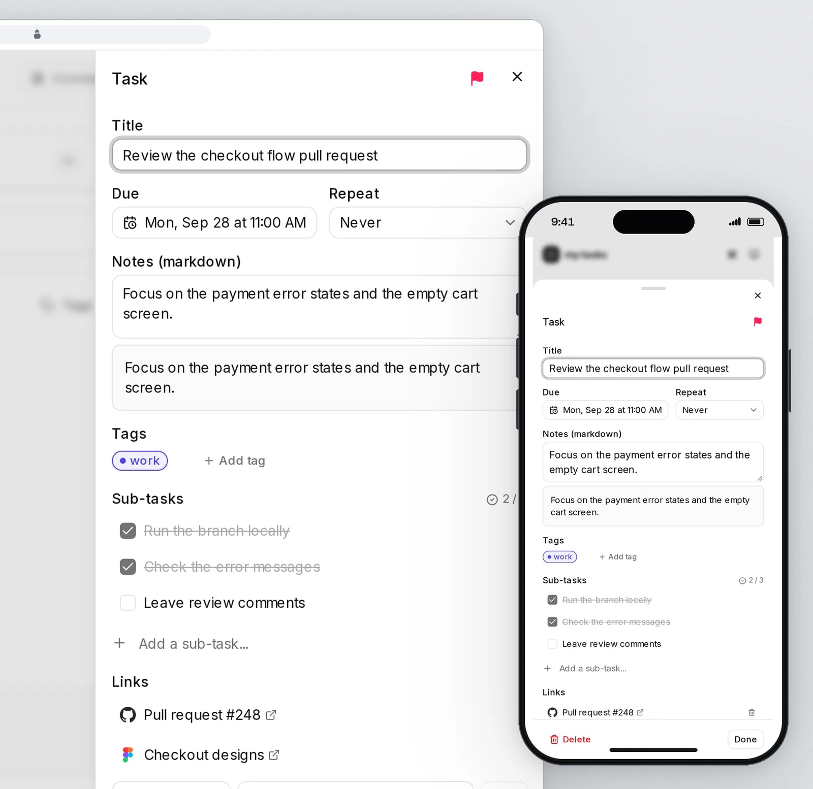 A browser window shows a task's detail panel with due date, repeat rule, markdown notes, sub-tasks and links, beside the same panel on a phone.