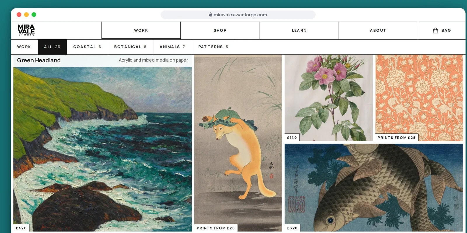A browser window shows the home page mosaic under its subject filters, led by Green Headland, a dancing fox, a rose, a floral pattern and a carp, each with its price or print line.