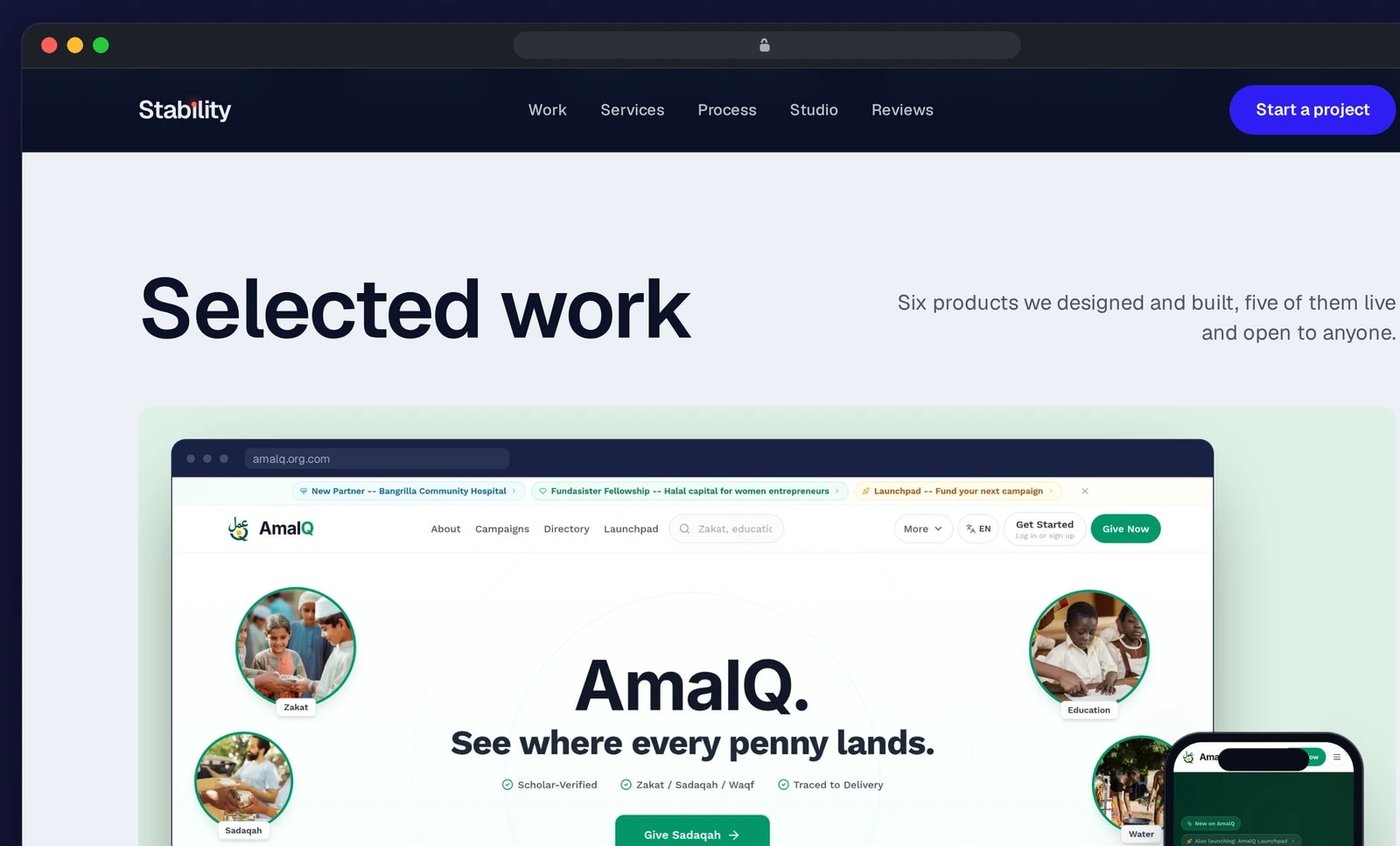 A browser window shows the Selected work section of the homepage with a preview of a client project.
