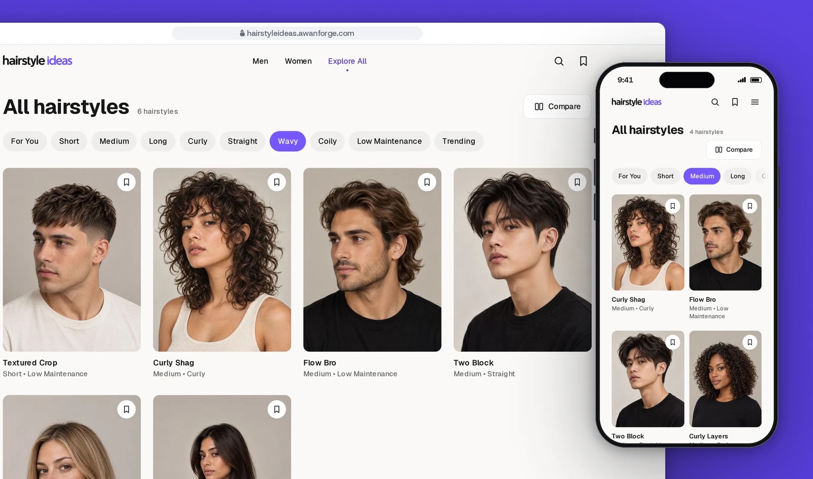 A browser window shows All hairstyles filtered to Wavy, six styles in a photo grid, beside a phone showing the list filtered to Medium with four styles in two columns.
