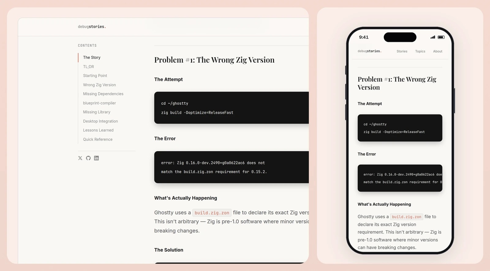 A close-up of an article's attempt and error code blocks beside the same article on a phone.