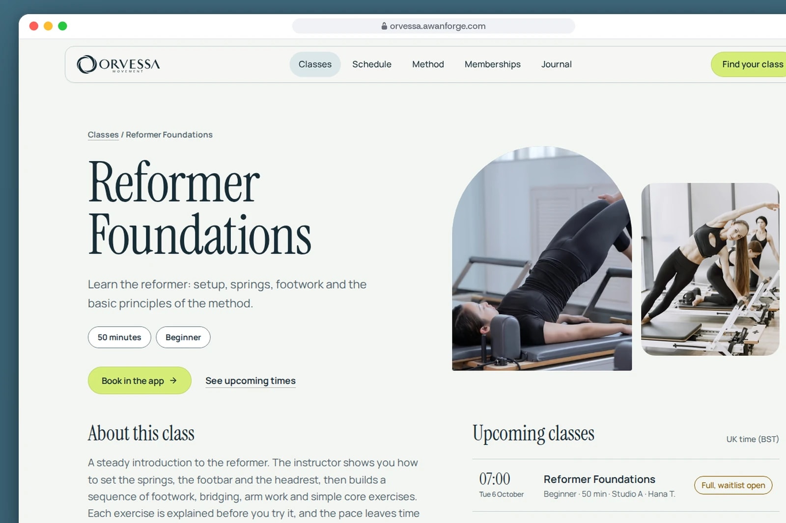A browser window shows the Reformer Foundations class page with its description, length and level, a Book in the app button and upcoming classes in UK time, the first marked Full, waitlist open.