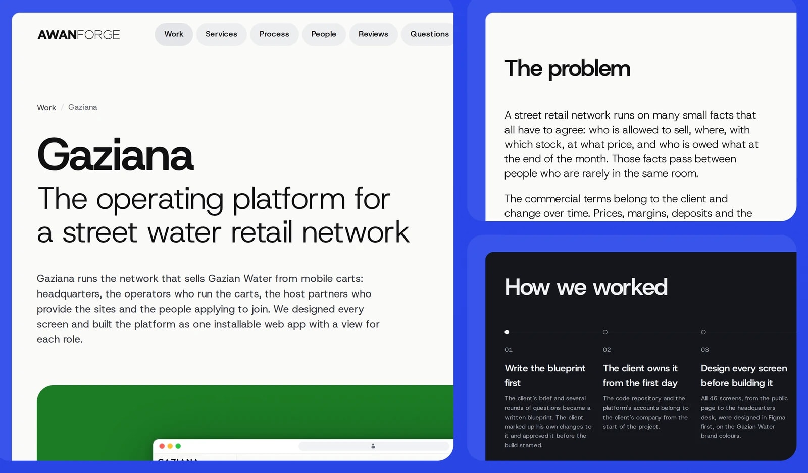 Close-ups of the Gaziana case study’s opening, its problem statement and the first phases under How we worked.