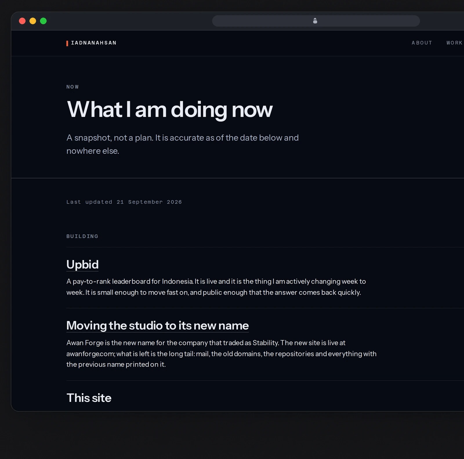 A browser window shows the now page with dated entries, beside the work list on a phone.