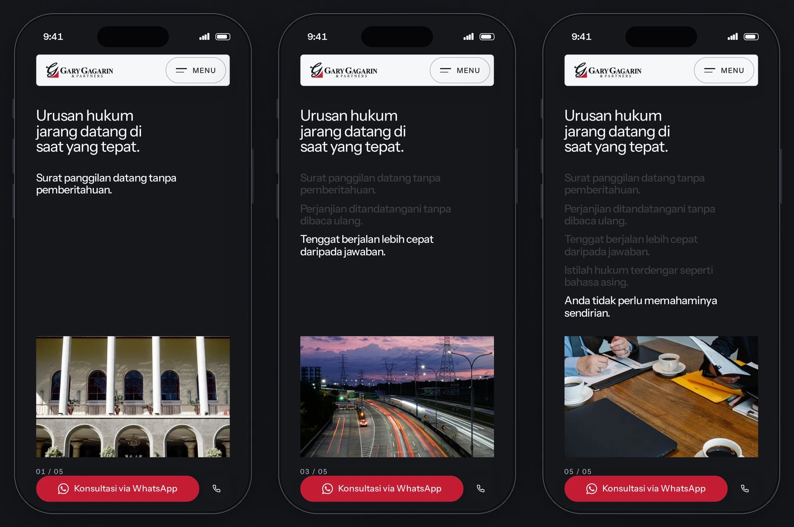 Three phones show the statements section at its first, third and fifth statement, each lit with the earlier ones dimmed, above a photograph of a colonnaded building, a toll road at dusk and a table of papers and coffee cups.