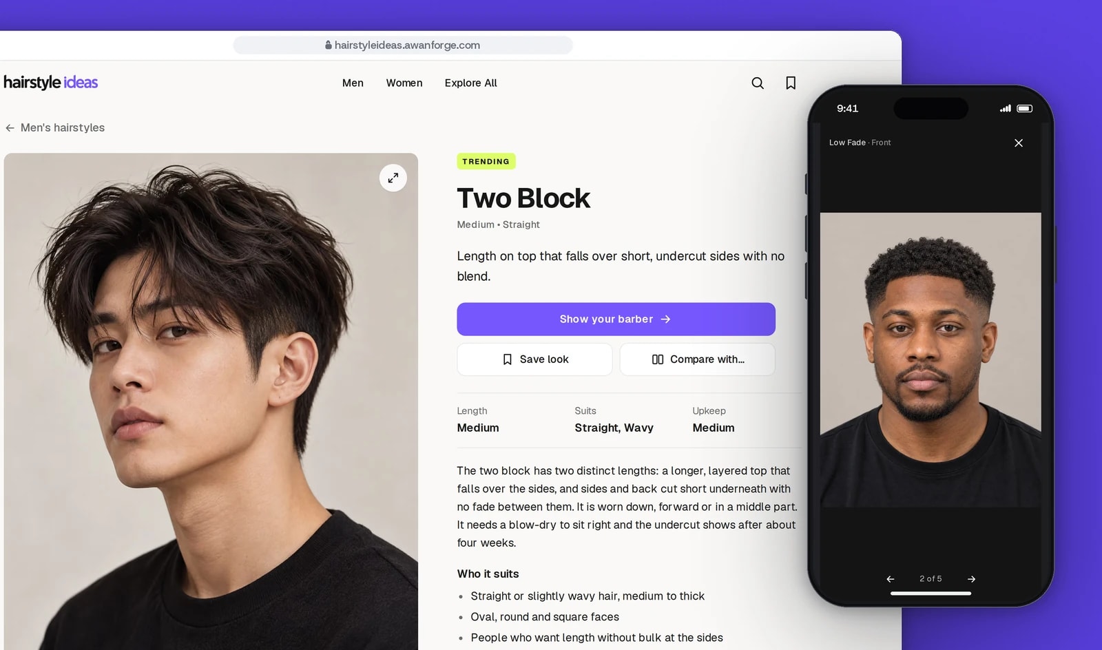 A browser window shows the Two Block style page, its three-quarter photo beside the name, the Show your barber button and the facts, beside a phone showing Low Fade in the full-screen viewer at the front angle.